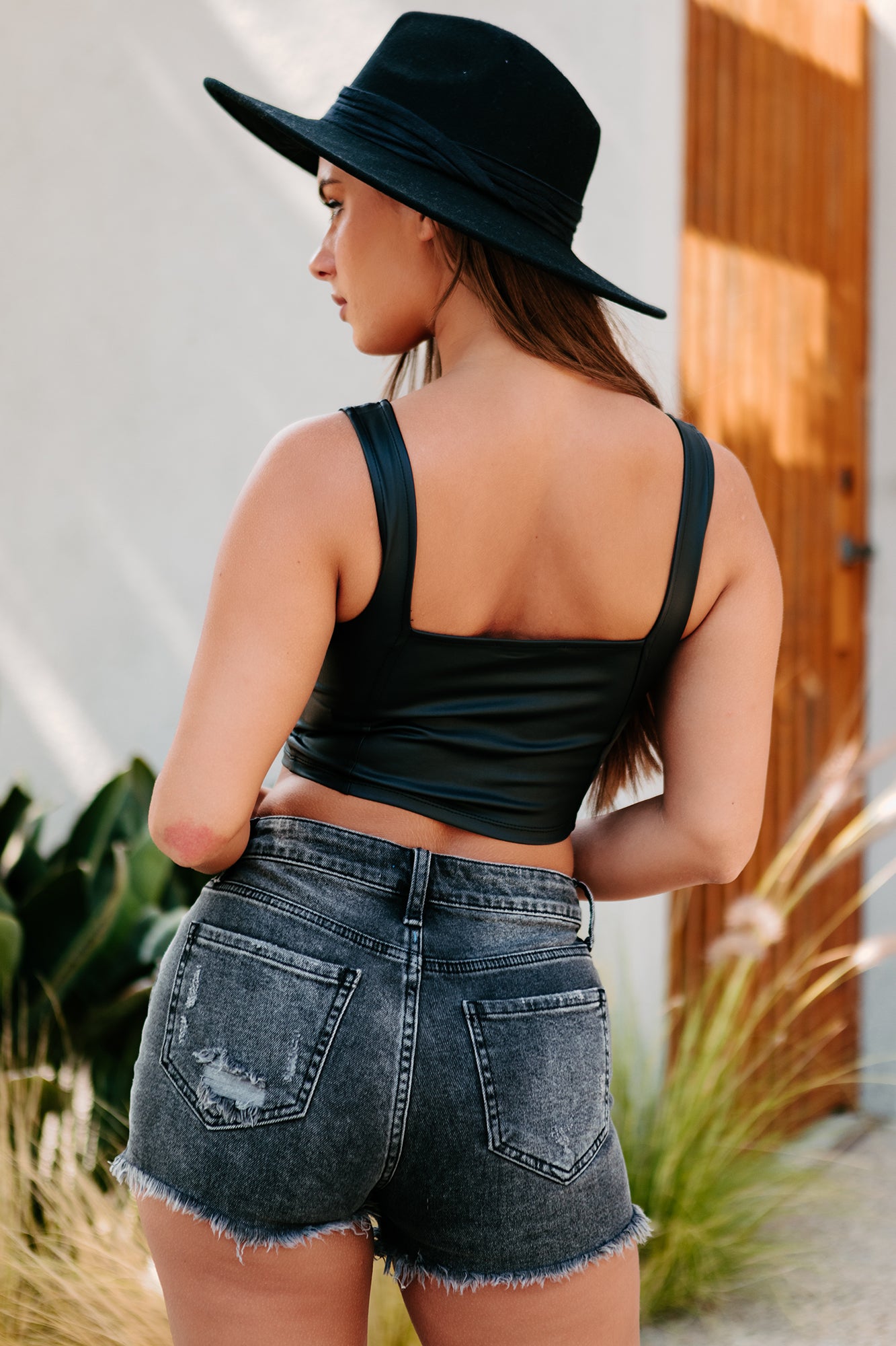 Biker Babe Faux Leather Lace-Up Crop Tank Top (Black)-The Formal Wear