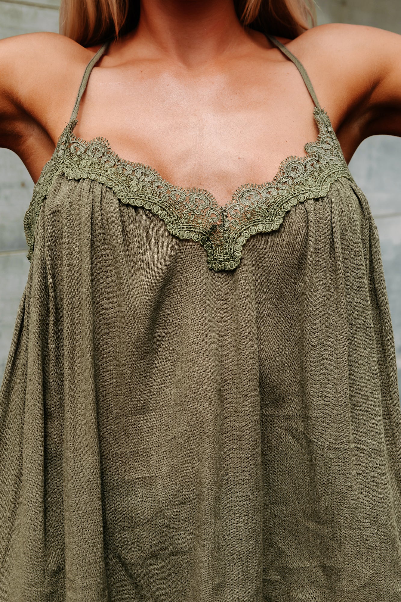 Feeling Serene  Lace Trim Racerback Tank (Olive)-The Formal Wear