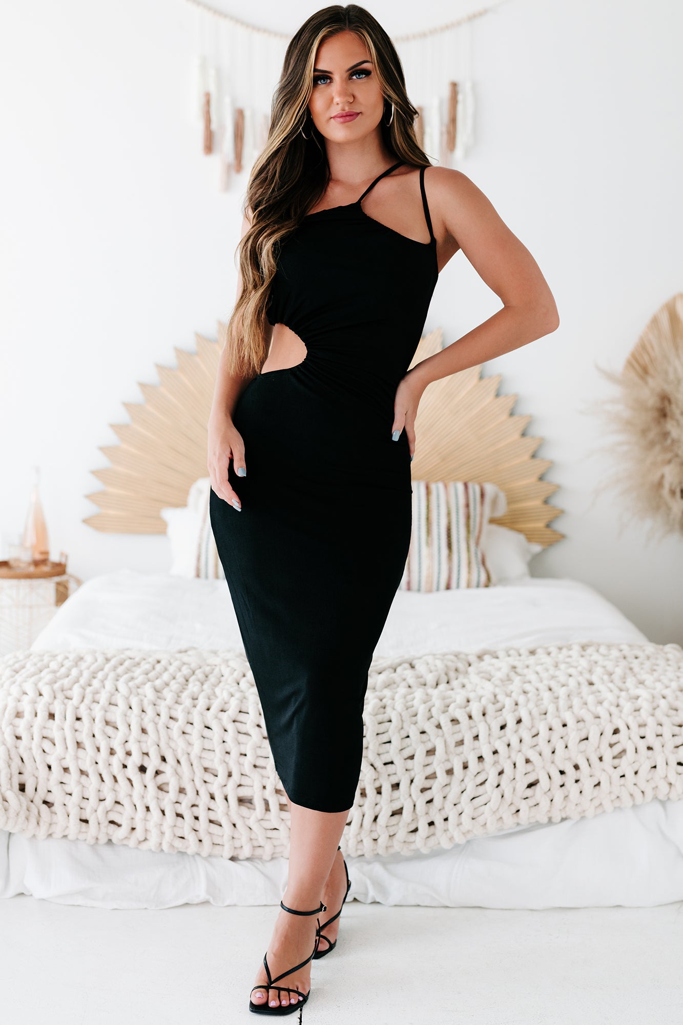 Wild Guess One-Shoulder Bodycon Midi Dress (Black)-The Formal Wear