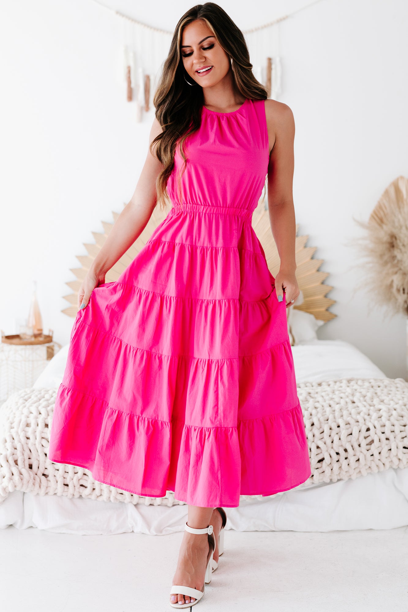 Southern Soul Tiered Cut-Out Midi Dress (Hot Pink)-The Formal Wear
