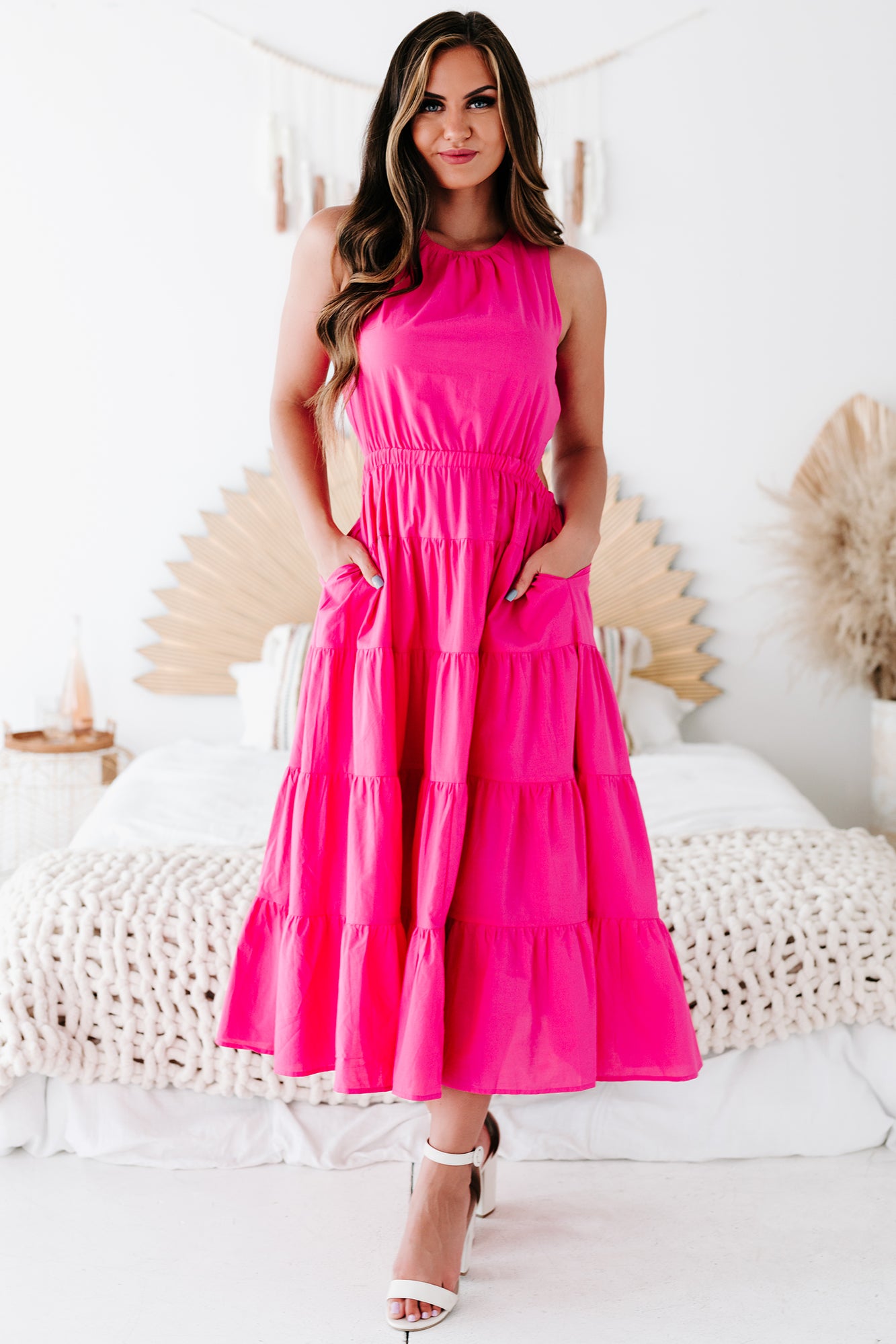 Southern Soul Tiered Cut-Out Midi Dress (Hot Pink)-The Formal Wear