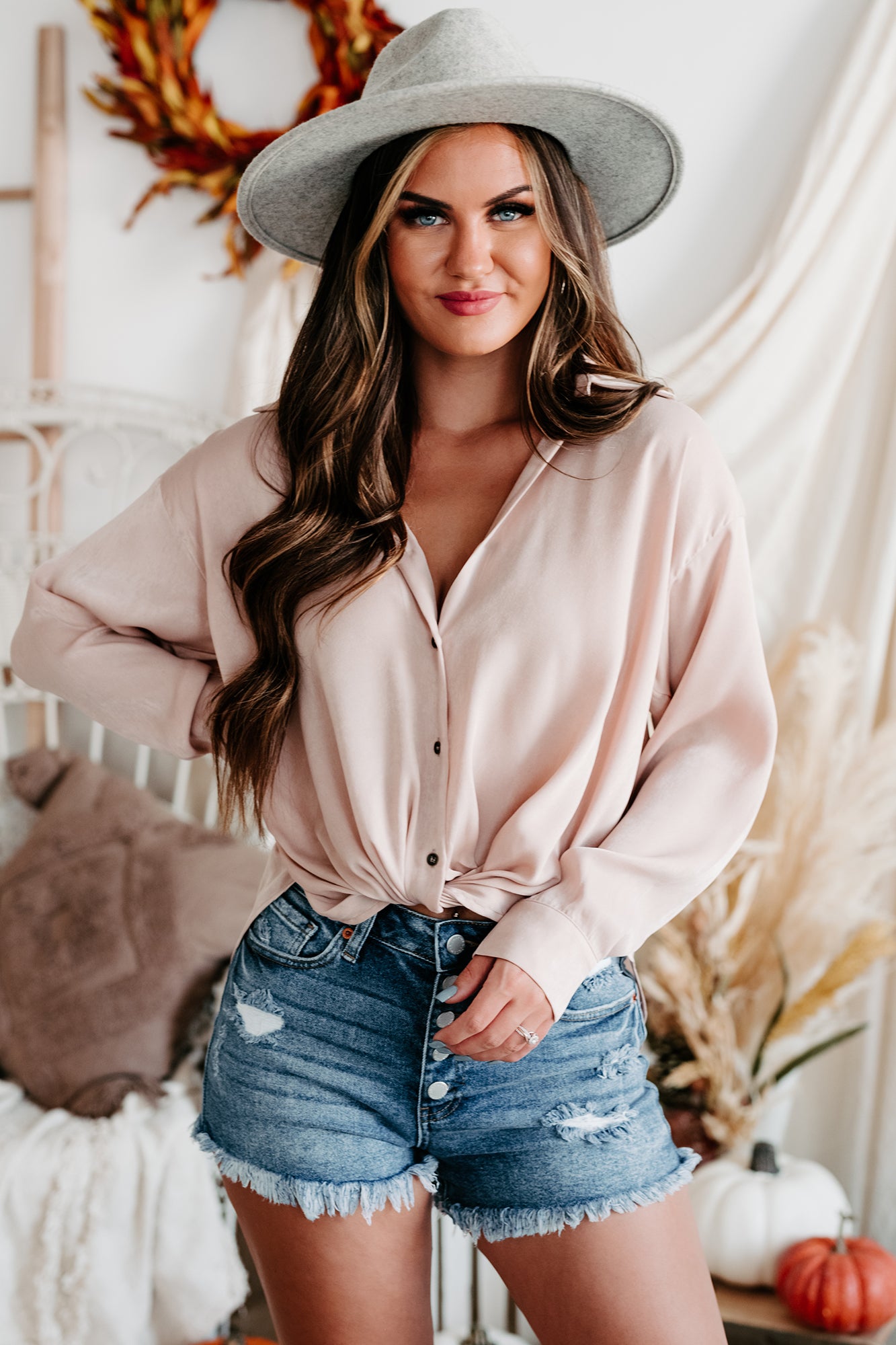 State Your Case  Satin Twist Front Button-Down Top (Nude)-The Formal Wear