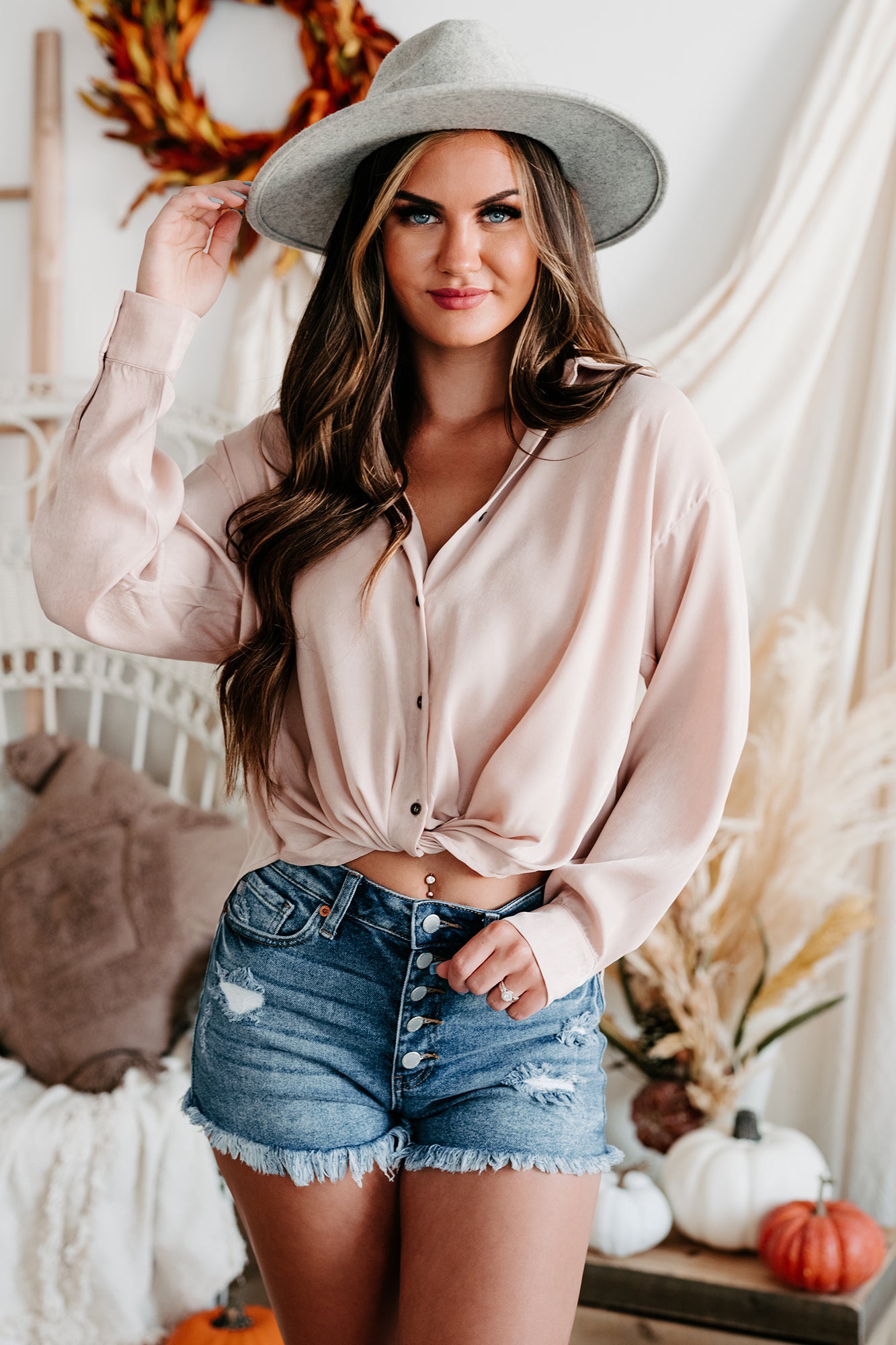 State Your Case  Satin Twist Front Button-Down Top (Nude)-The Formal Wear