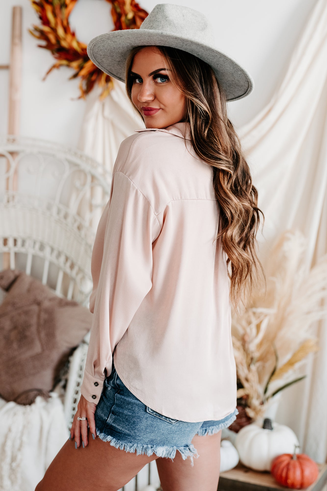 State Your Case  Satin Twist Front Button-Down Top (Nude)-The Formal Wear