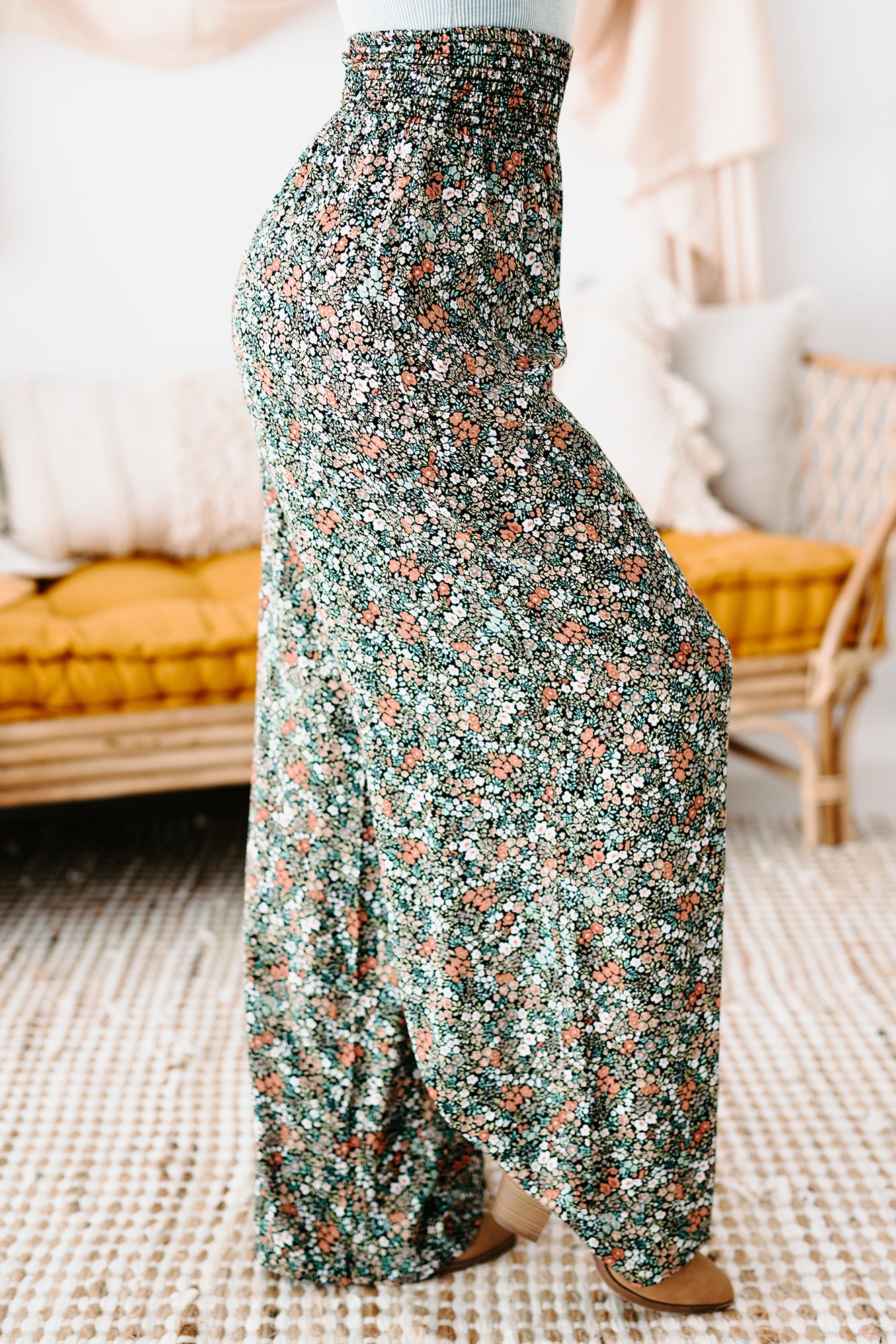 After-Bloom Delight Smocked Waist Palazzo Pants (Black Multi)-The Formal Wear