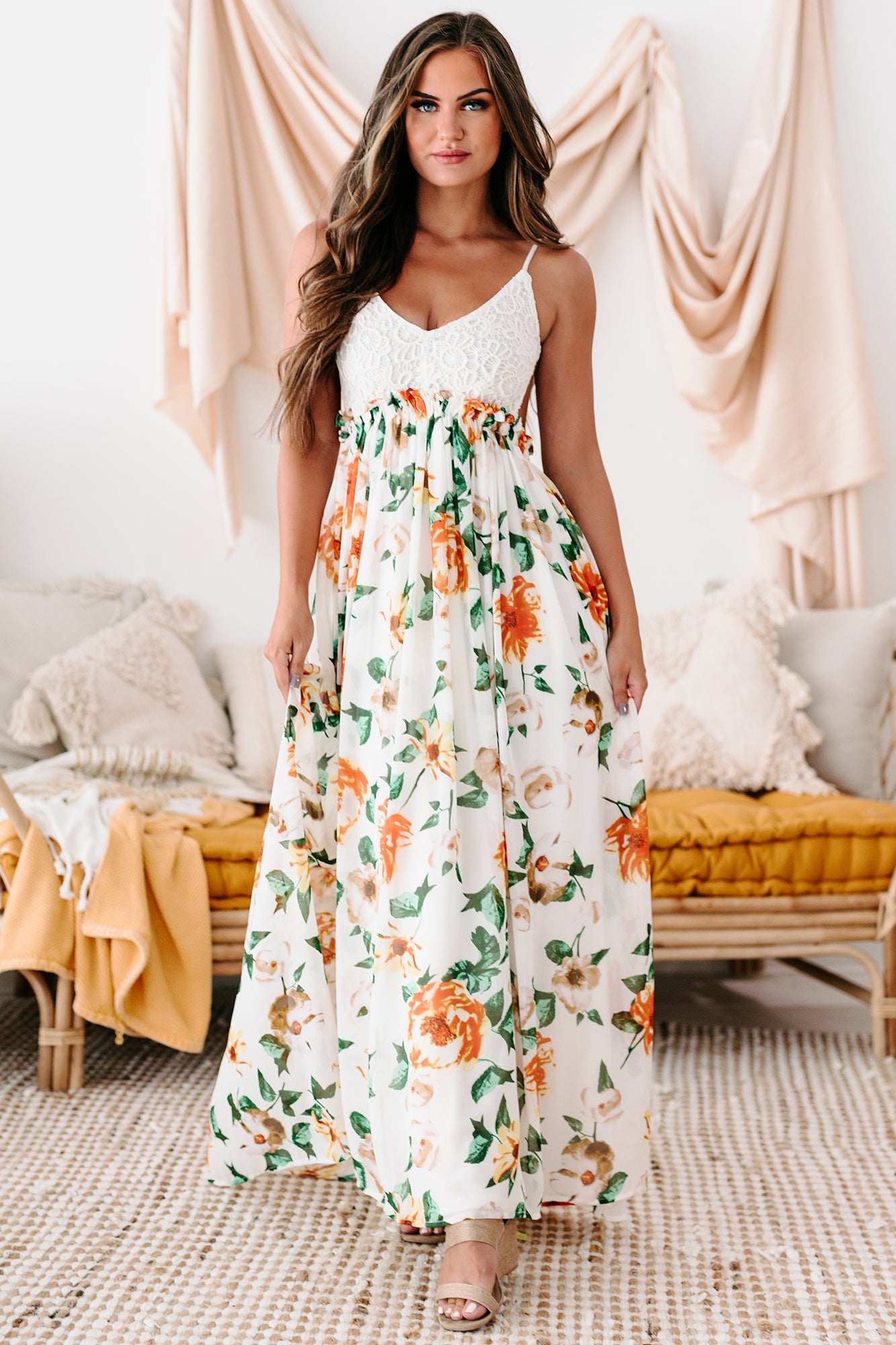 Garden Meandering Crochet Floral Maxi Dress (Floral)-The Formal Wear