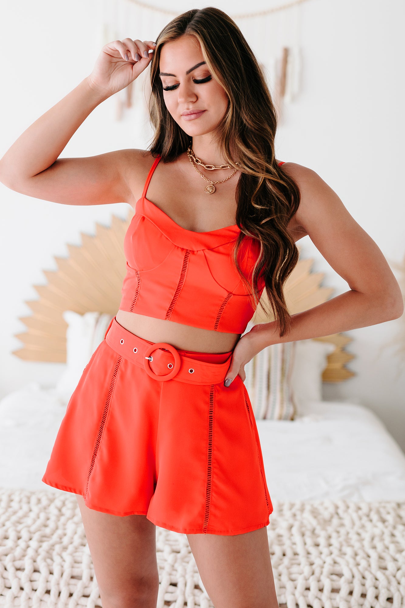 Hearts On Fire Solid Crop Top & Shorts Set (Red)-The Formal Wear