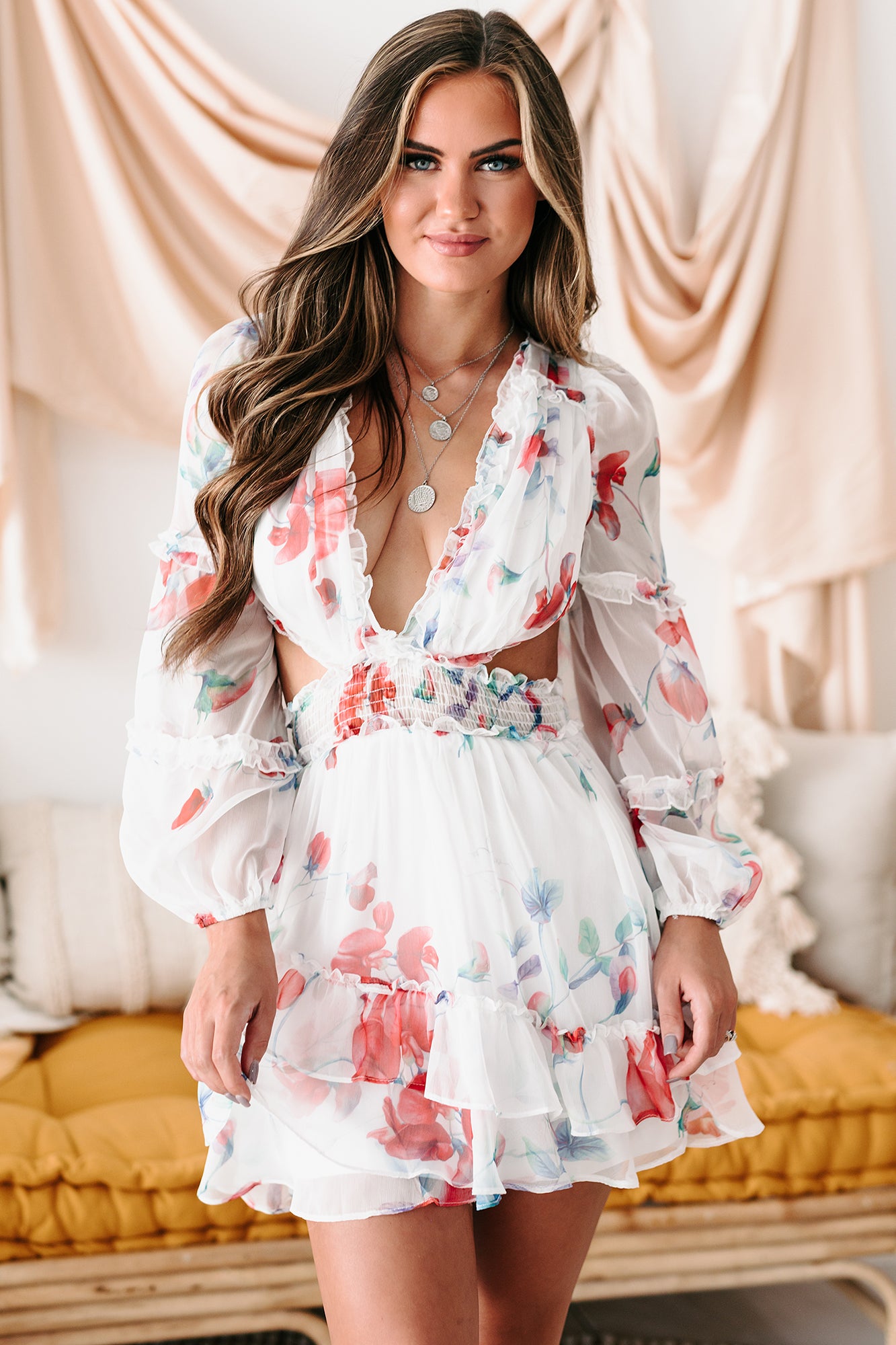 Parade Pretty Ruffled Cut-Out Mini Dress (White/Red)-The Formal Wear