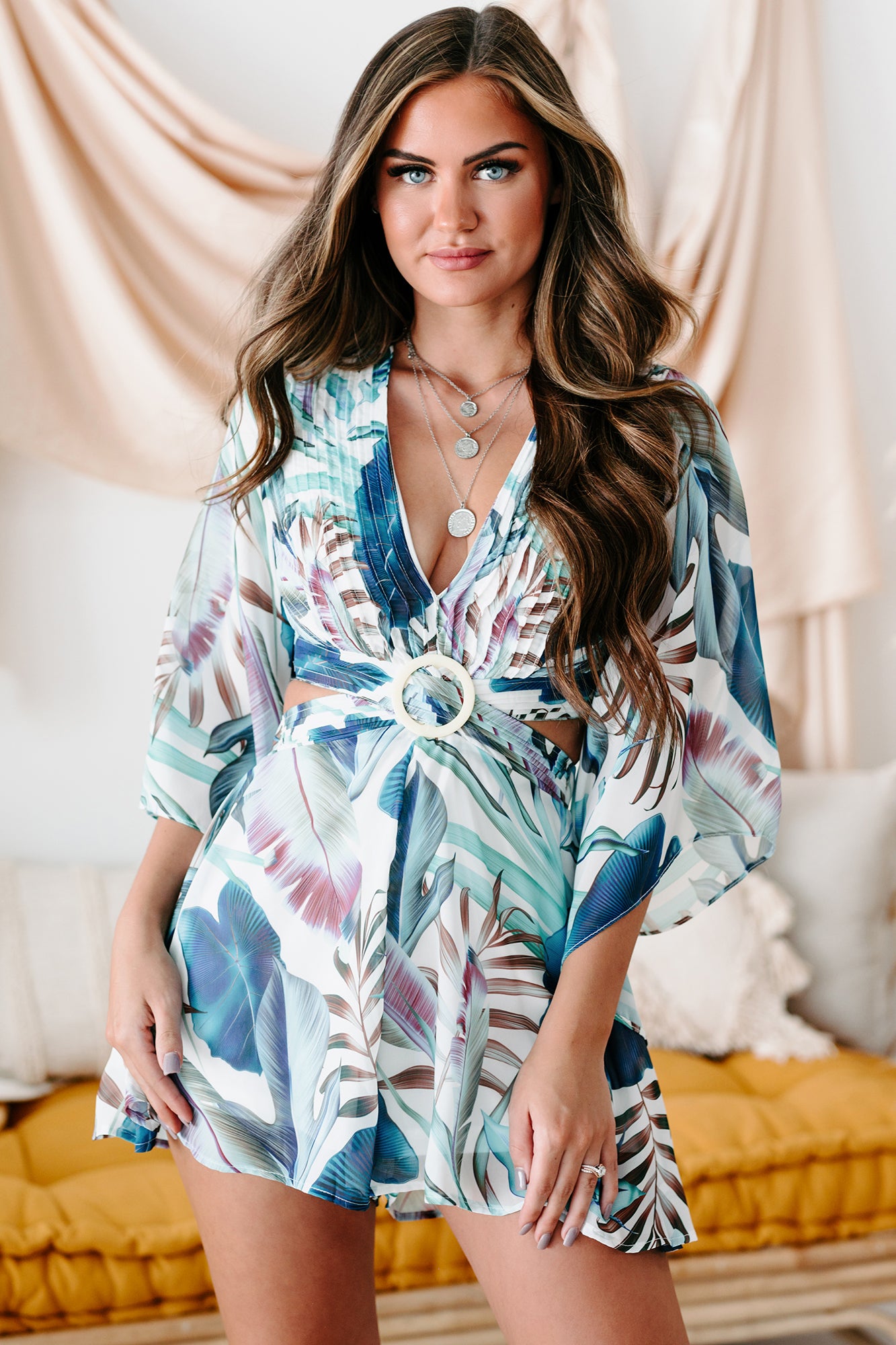 Maui Mindset Palm Printed Bell Sleeved Cut-Out Romper (Blue)-The Formal Wear