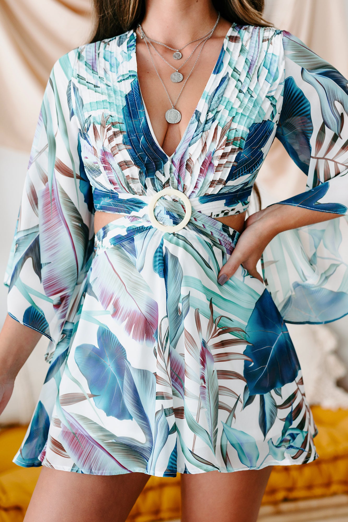 Maui Mindset Palm Printed Bell Sleeved Cut-Out Romper (Blue)-The Formal Wear