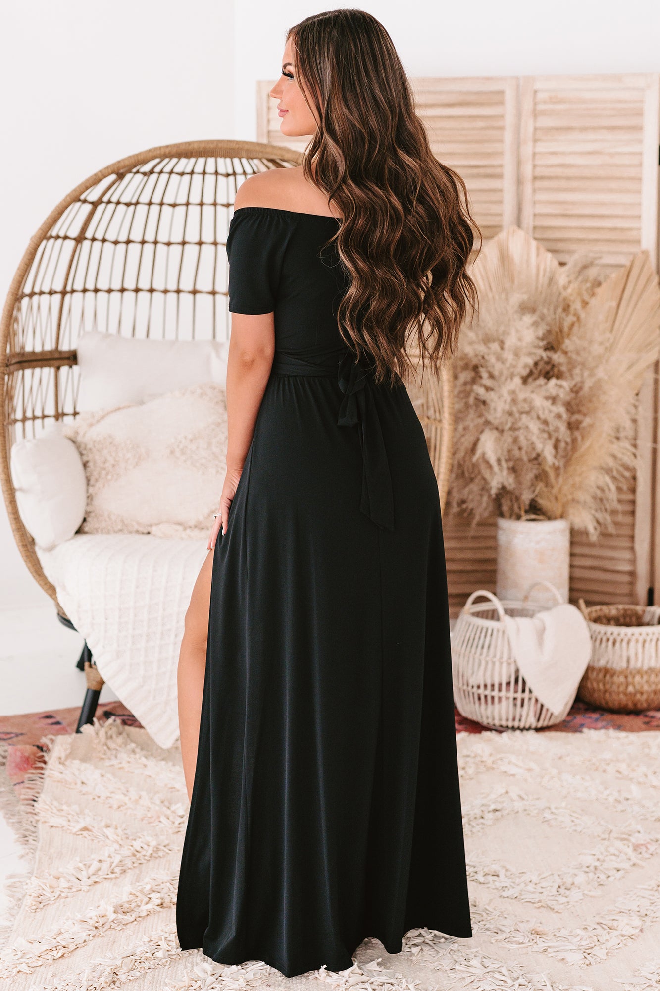 Sealed With A Kiss Off The Shoulder Leg Slit Maxi Dress (Black)-The Formal Wear