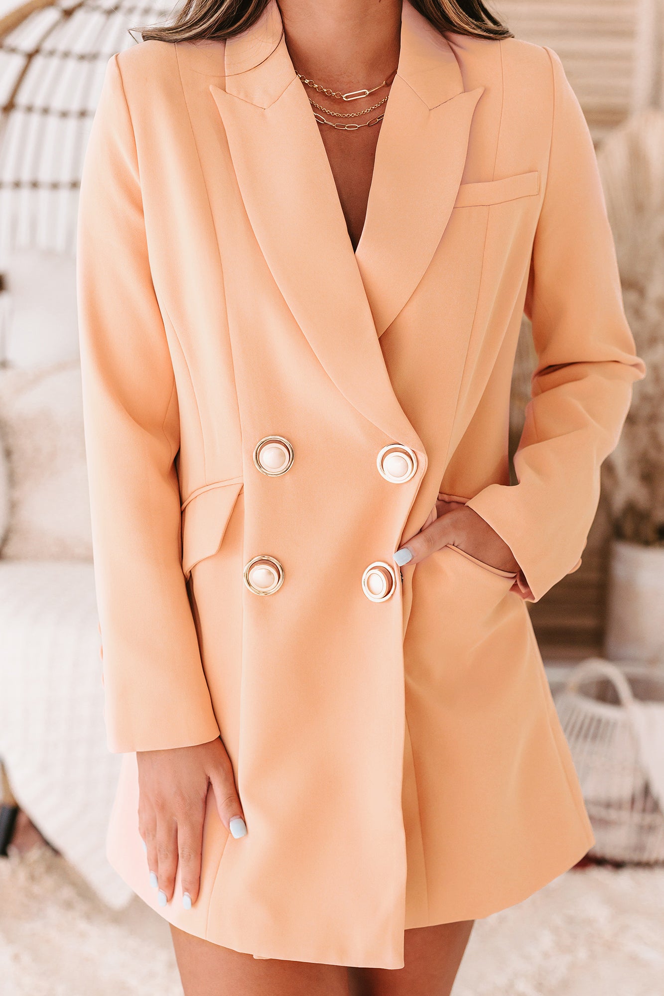 Offshore Accounts 4-Button Blazer Dress (Apricot)-The Formal Wear