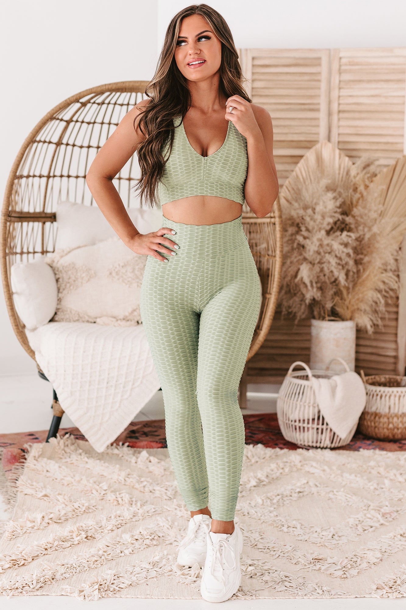Making Strides Honeycomb Textured TikTok Leggings (Pistachio)-The Formal Wear