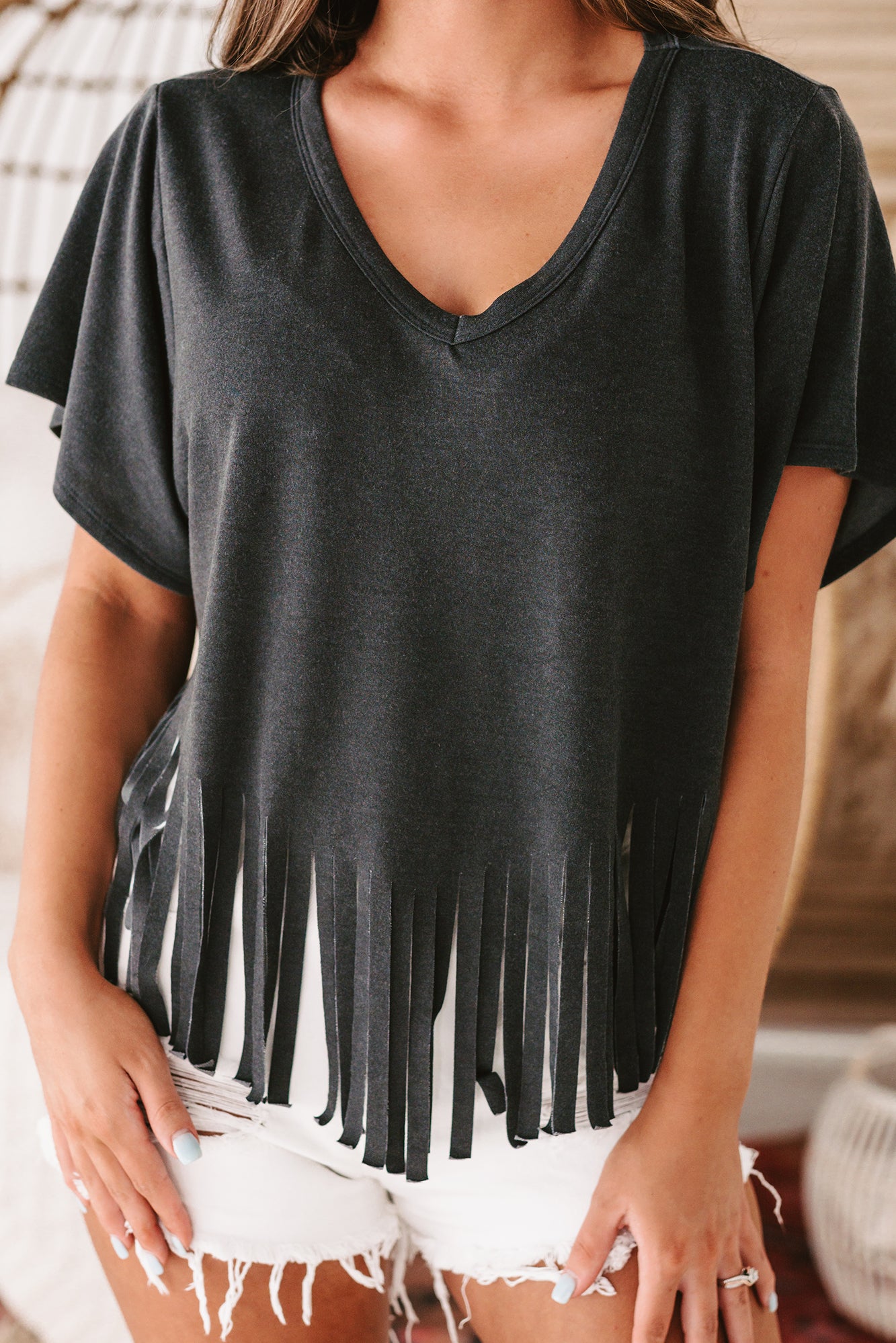 Winona V-Neck Fringed Hem Top (Charcoal)-The Formal Wear