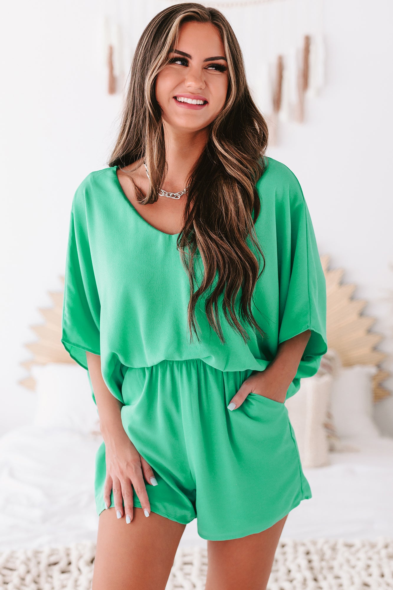 Bronwyn Short Sleeve V-Neck Romper (Jade)-The Formal Wear