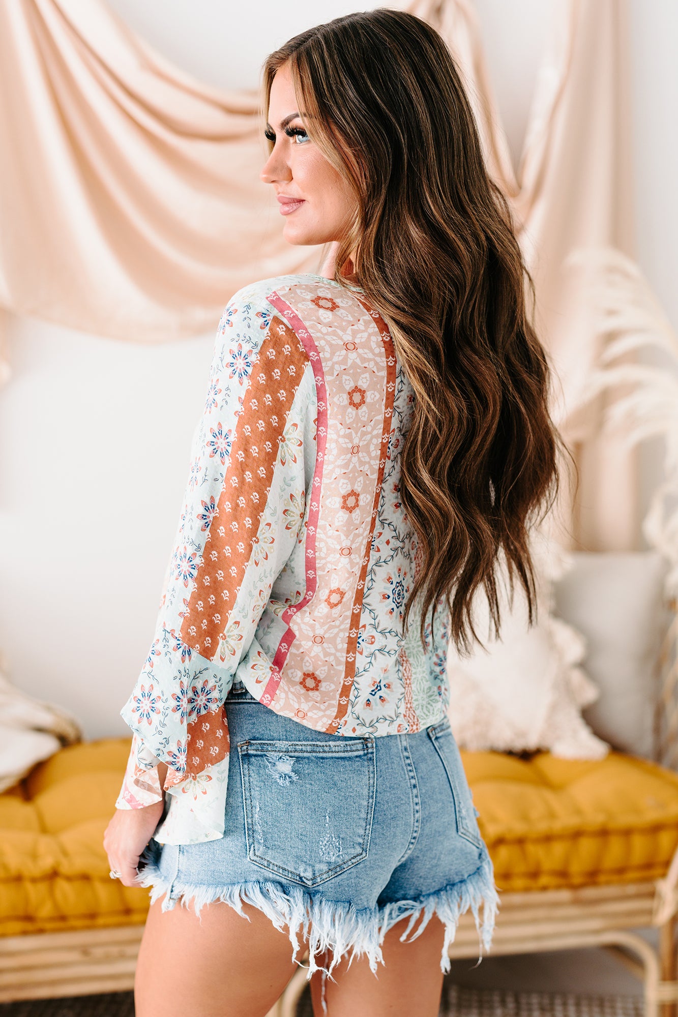 Never Conform Printed Surplice Top (Blue Multi)-The Formal Wear