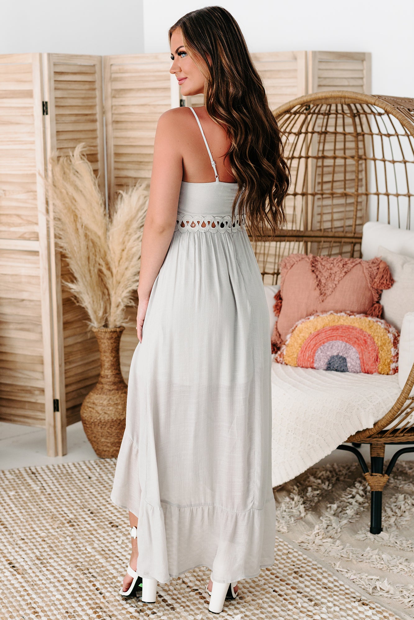 Everyday Stunner Tie-Front High-Low Midi Dress (Light Grey)-The Formal Wear