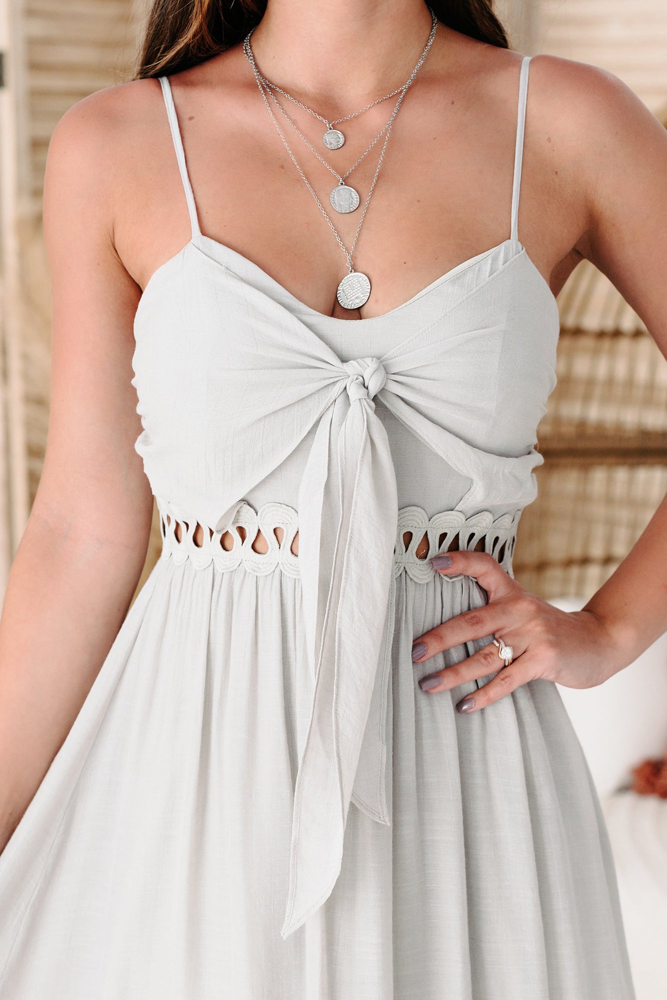 Everyday Stunner Tie-Front High-Low Midi Dress (Light Grey)-The Formal Wear