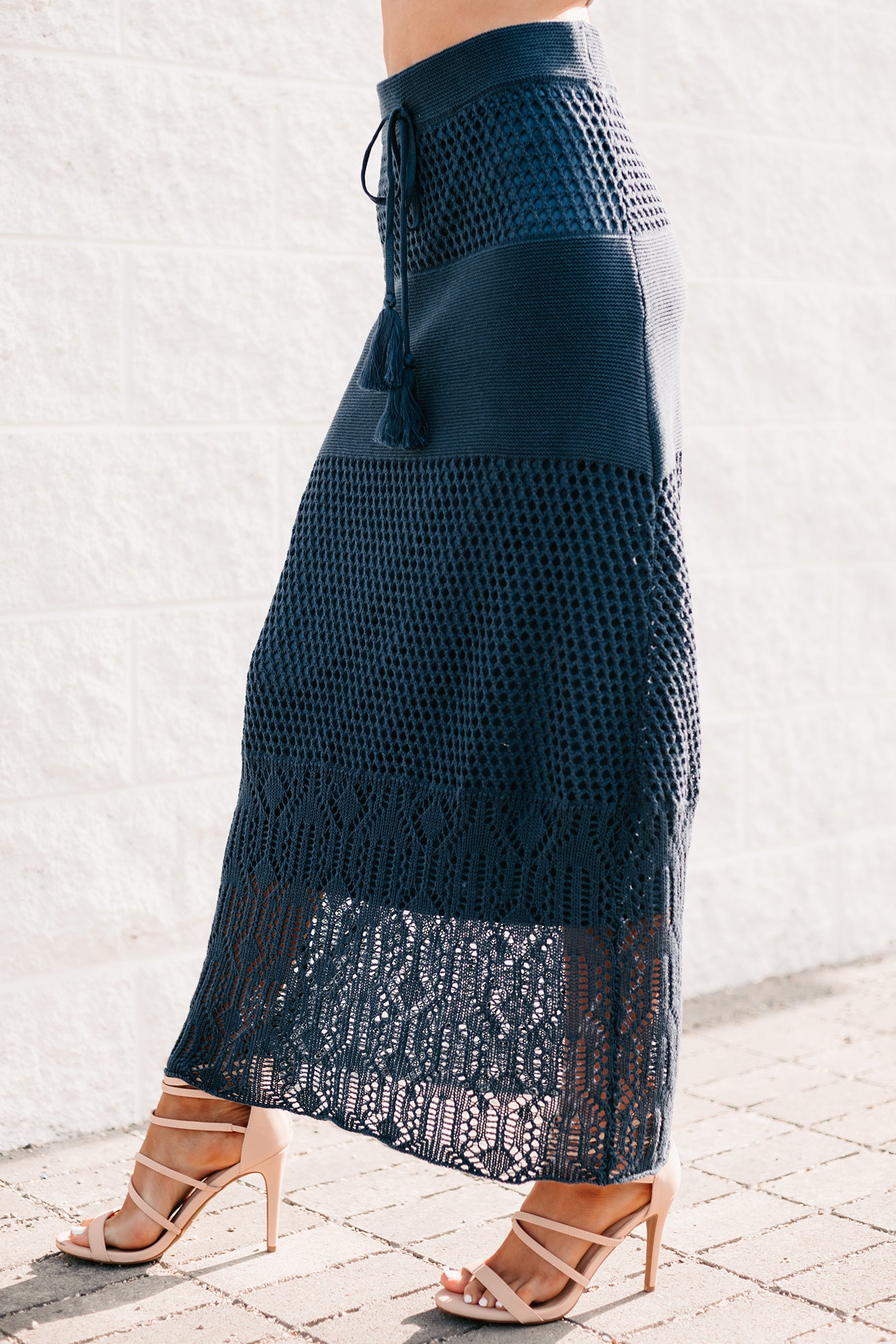 Chasing The Coast Crochet Knit Midi Skirt (Denim)-The Formal Wear