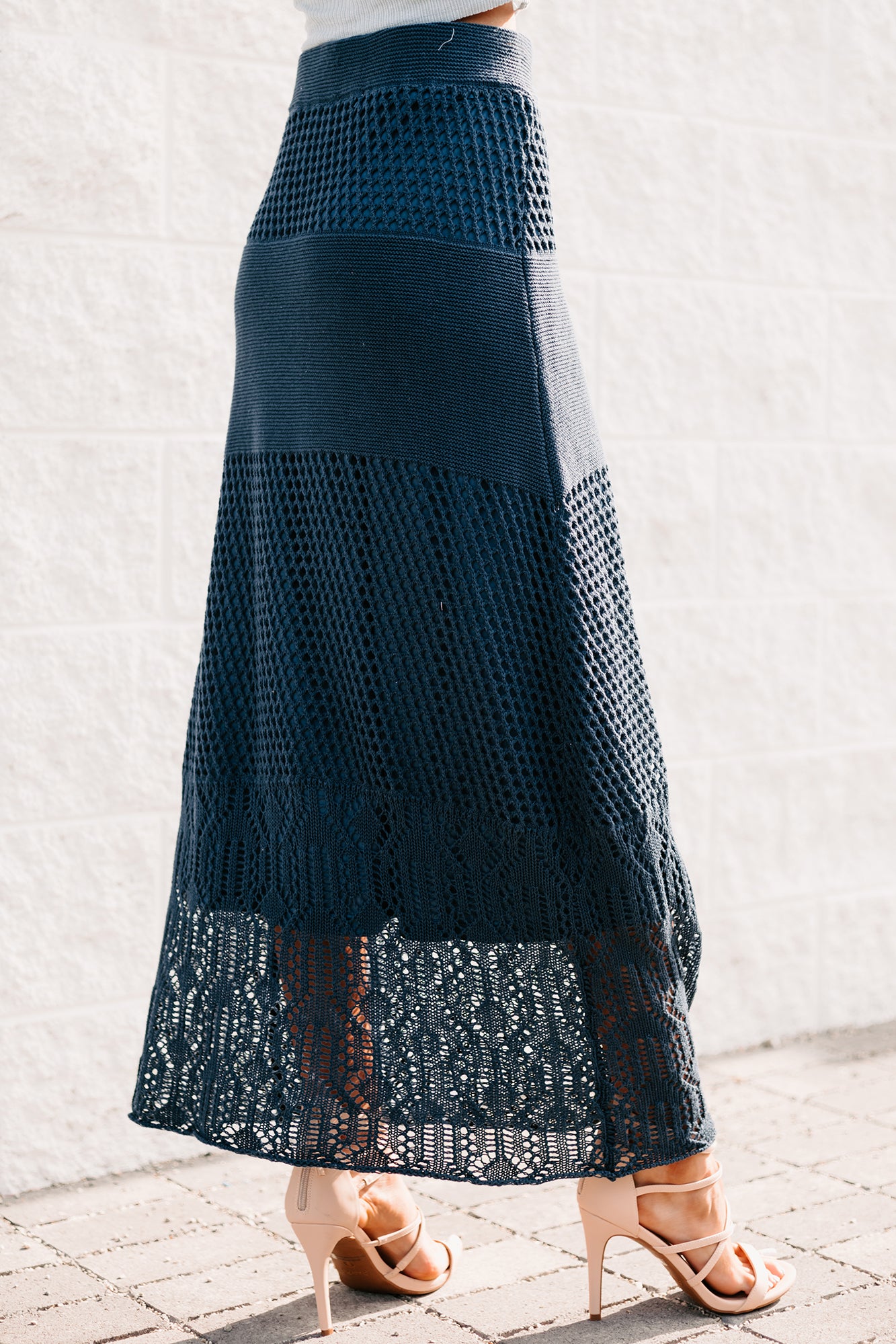 Chasing The Coast Crochet Knit Midi Skirt (Denim)-The Formal Wear