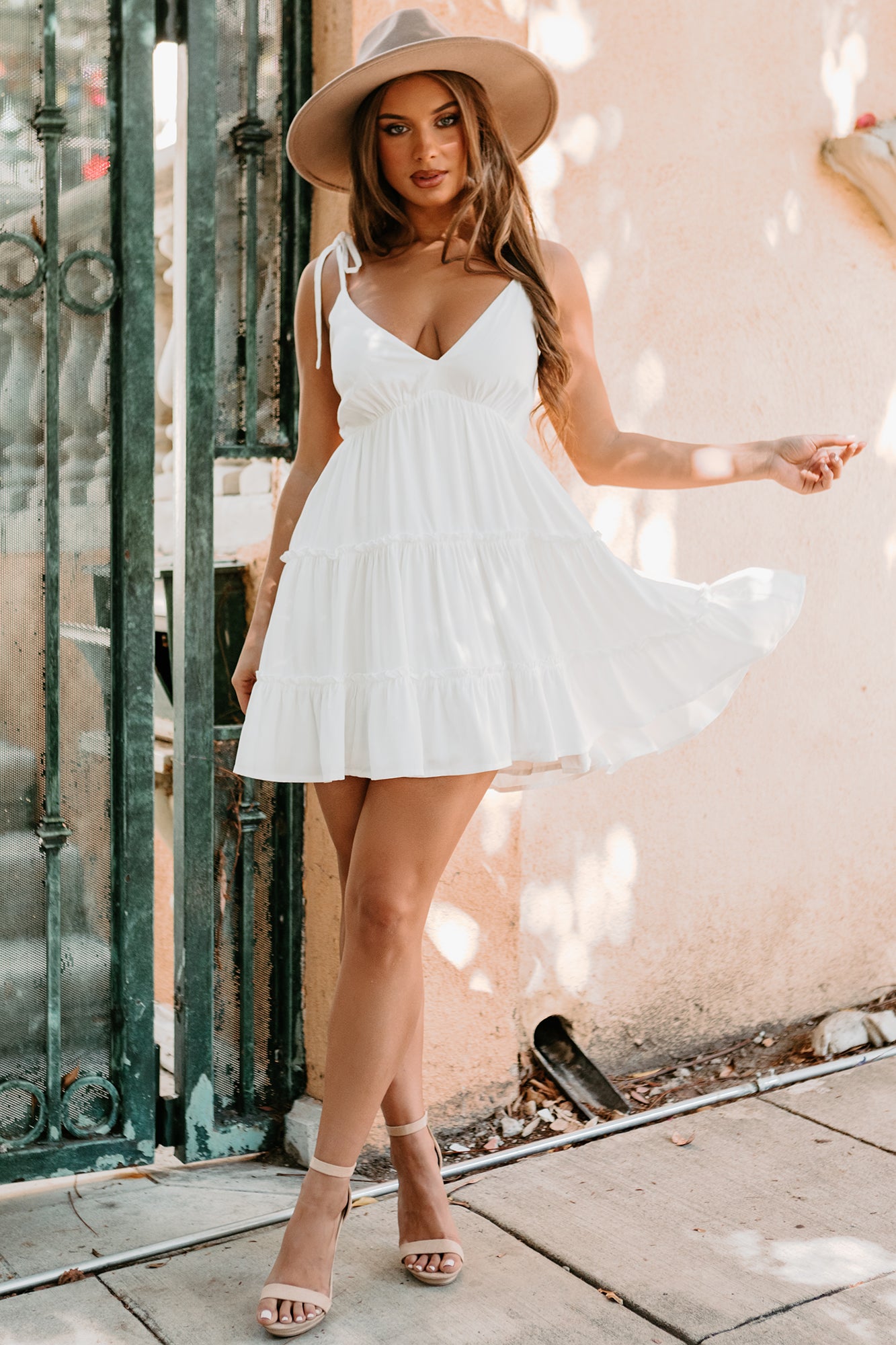 Strawberry Wine Tiered Tie-Strap Mini Dress (White)-The Formal Wear