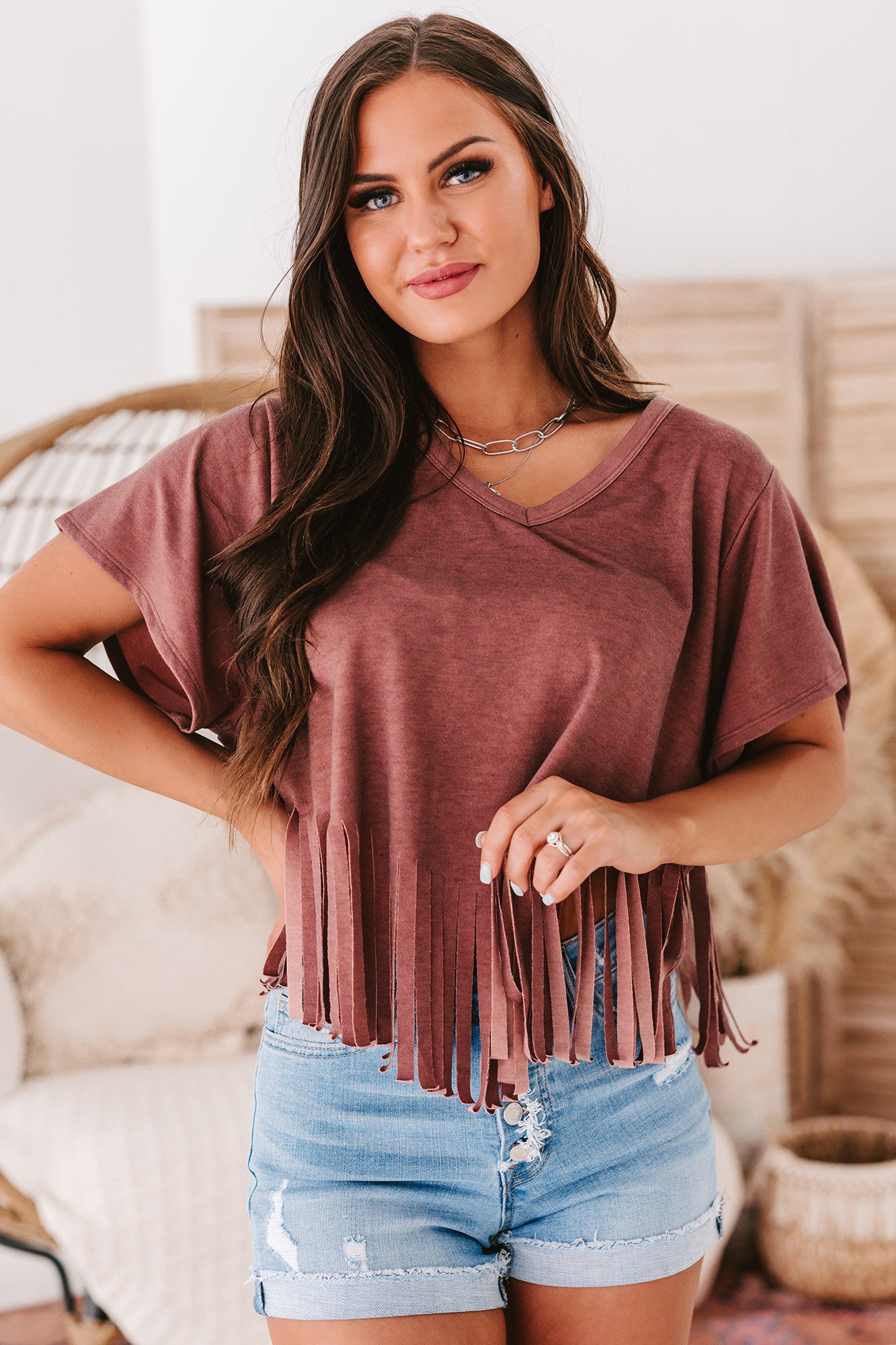Winona V-Neck Fringed Hem Top (Mauve)-The Formal Wear