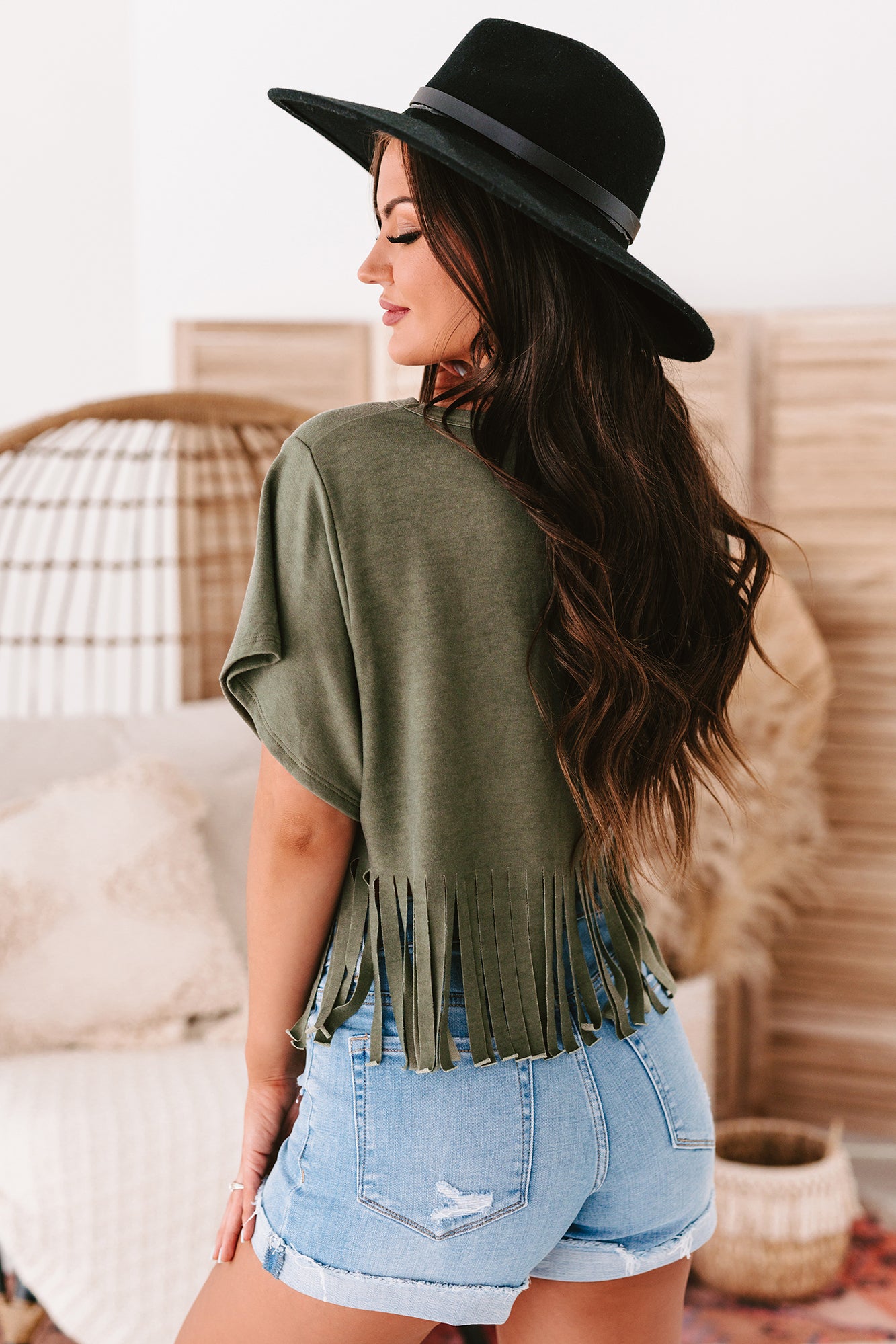 Winona V-Neck Fringed Hem Top (Olive)-The Formal Wear