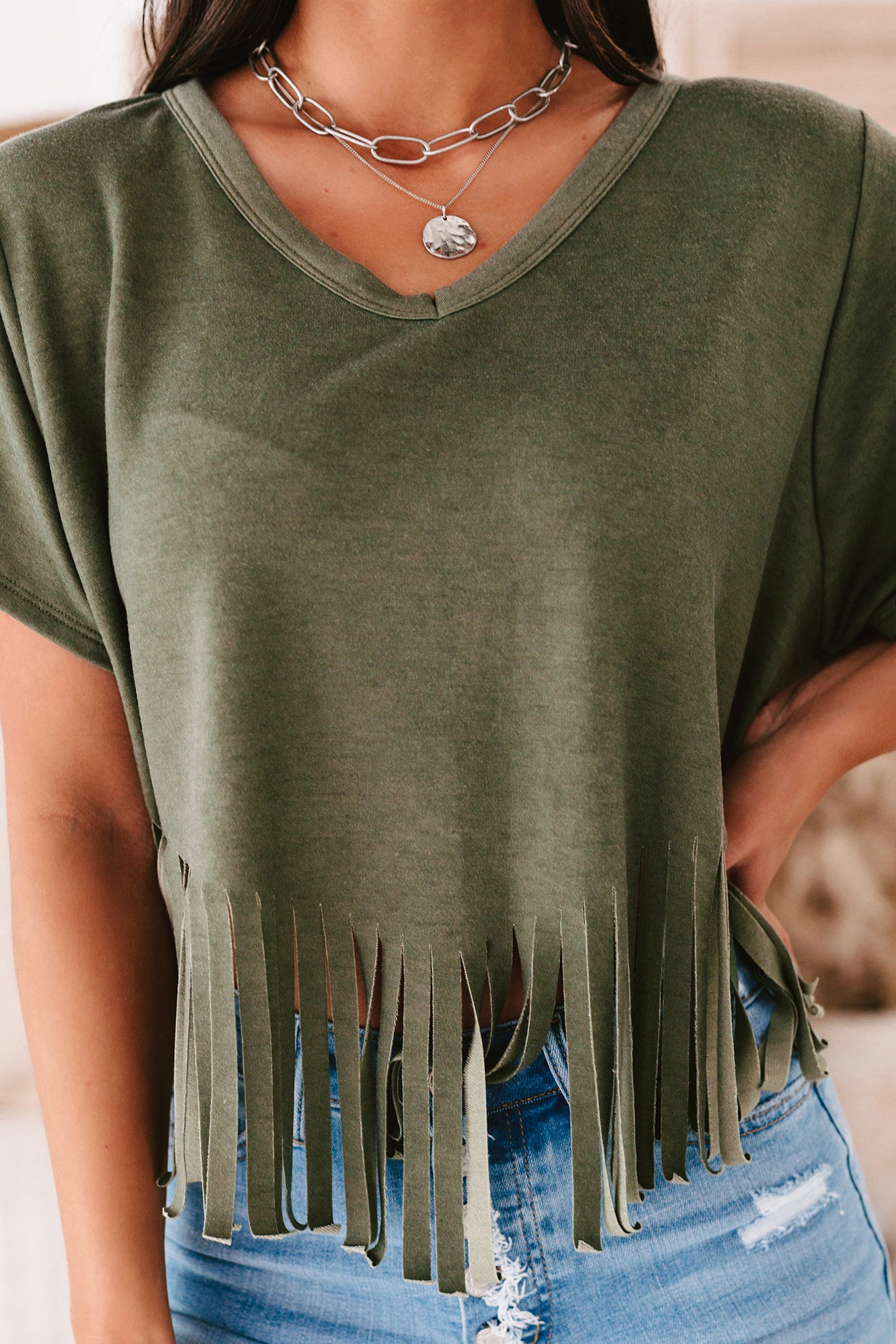 Winona V-Neck Fringed Hem Top (Olive)-The Formal Wear