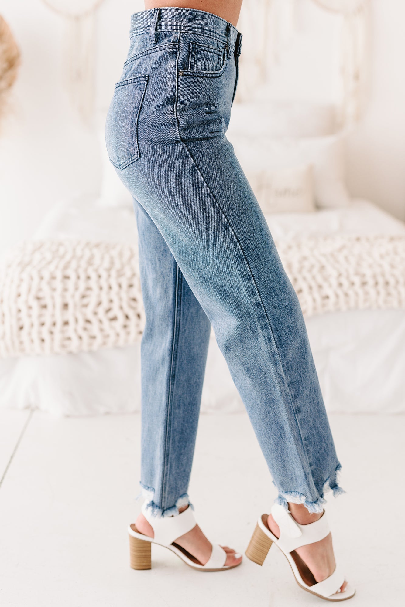 Bernice High Rise Distressed Hem Straight Leg Jeans (Medium Denim)-The Formal Wear