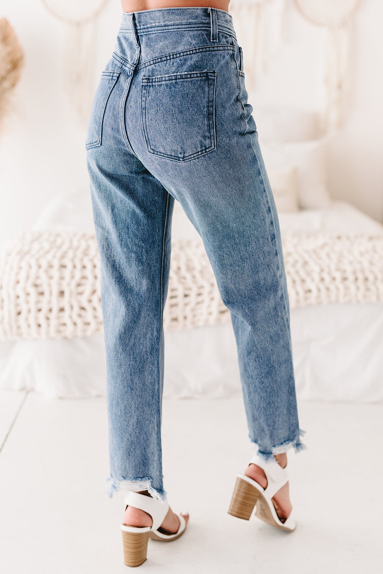 Bernice High Rise Distressed Hem Straight Leg Jeans (Medium Denim)-The Formal Wear