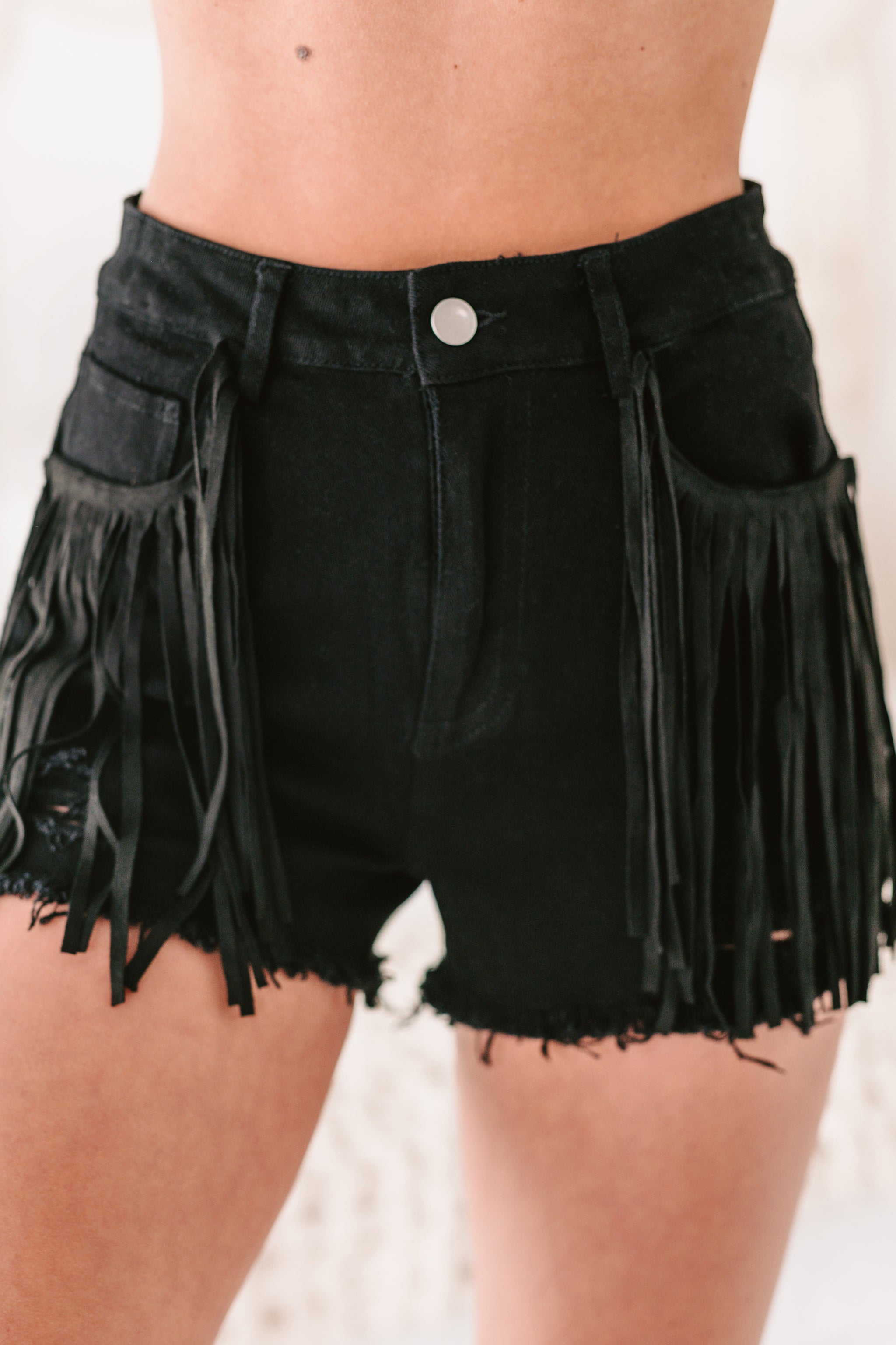 Flirty In Fringe High Rise Fringed Denim Shorts (Black)-The Formal Wear