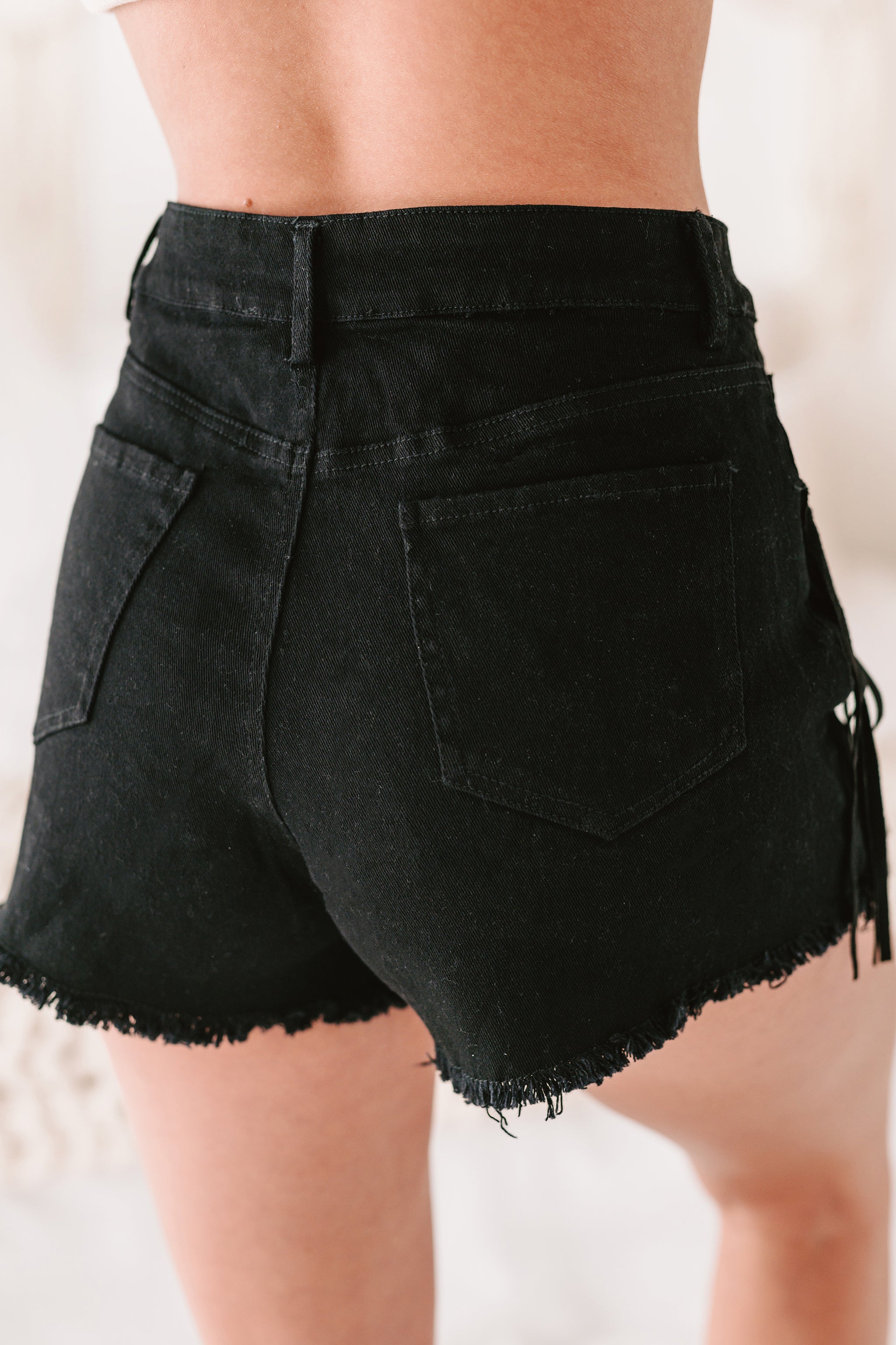 Flirty In Fringe High Rise Fringed Denim Shorts (Black)-The Formal Wear