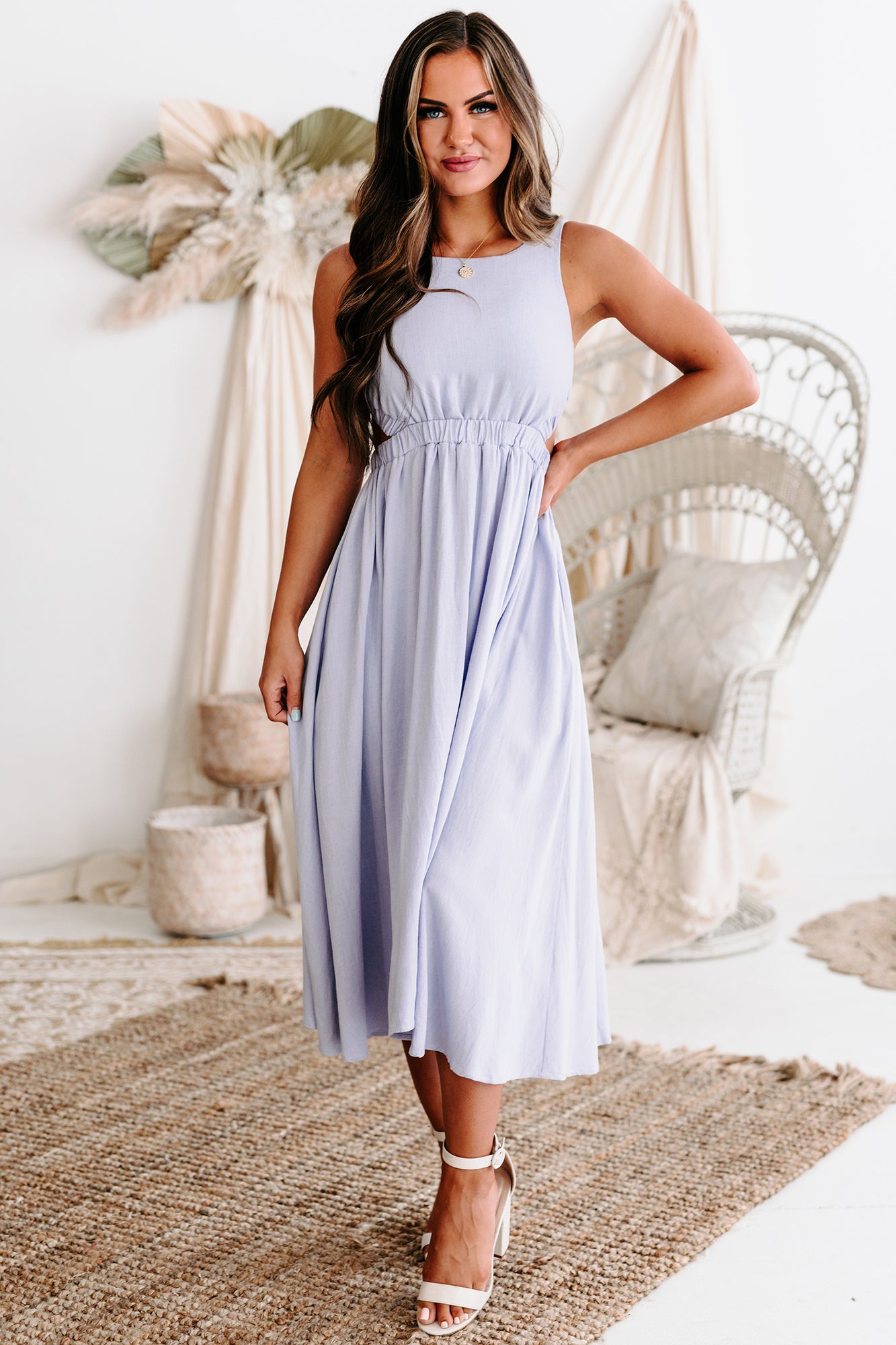 Divine Encounters Open Back Linen Midi Dress (Lilac)-The Formal Wear