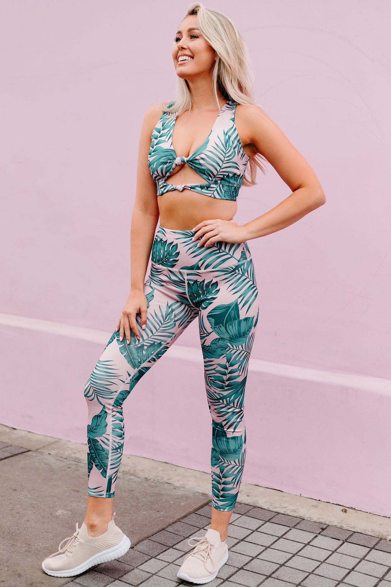 Morning Runs Palm Print Cut-Out Activewear Set (Tropical Print)-The Formal Wear