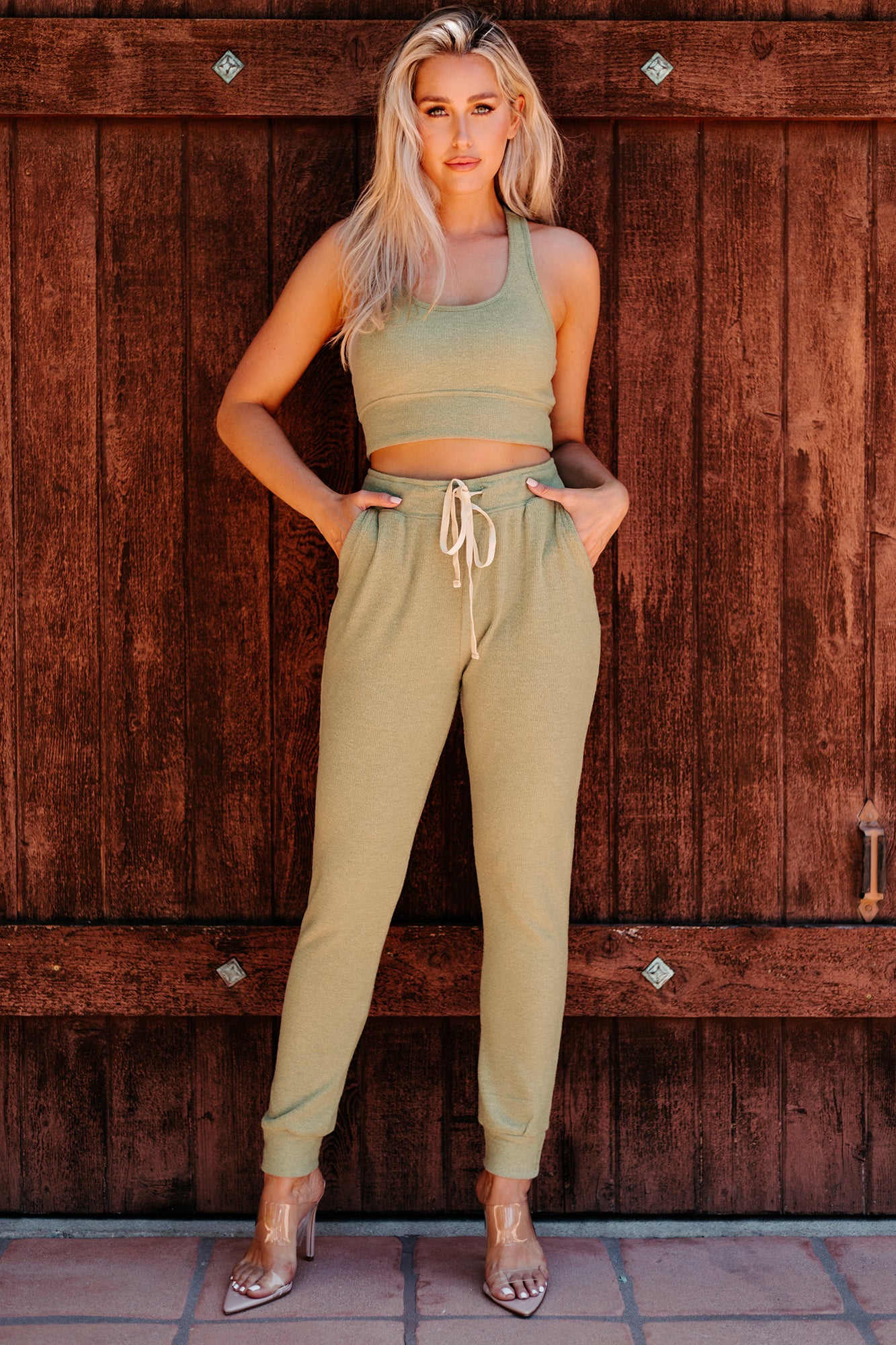 Getting Comfortable Ribbed Fuzzy Knit Two Piece Set (Dusty Sage)-The Formal Wear