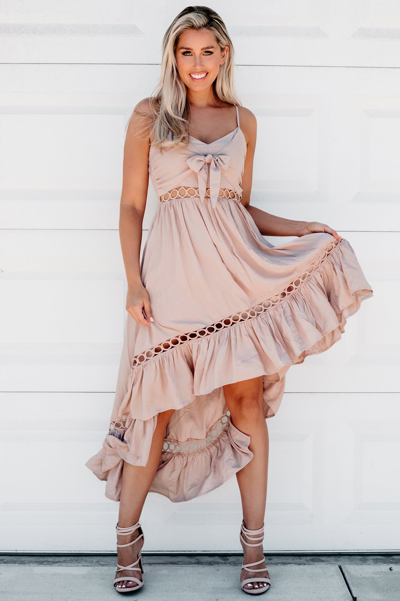 Opposites Attract Crochet Cut-Out High Low Dress (Taupe)-The Formal Wear