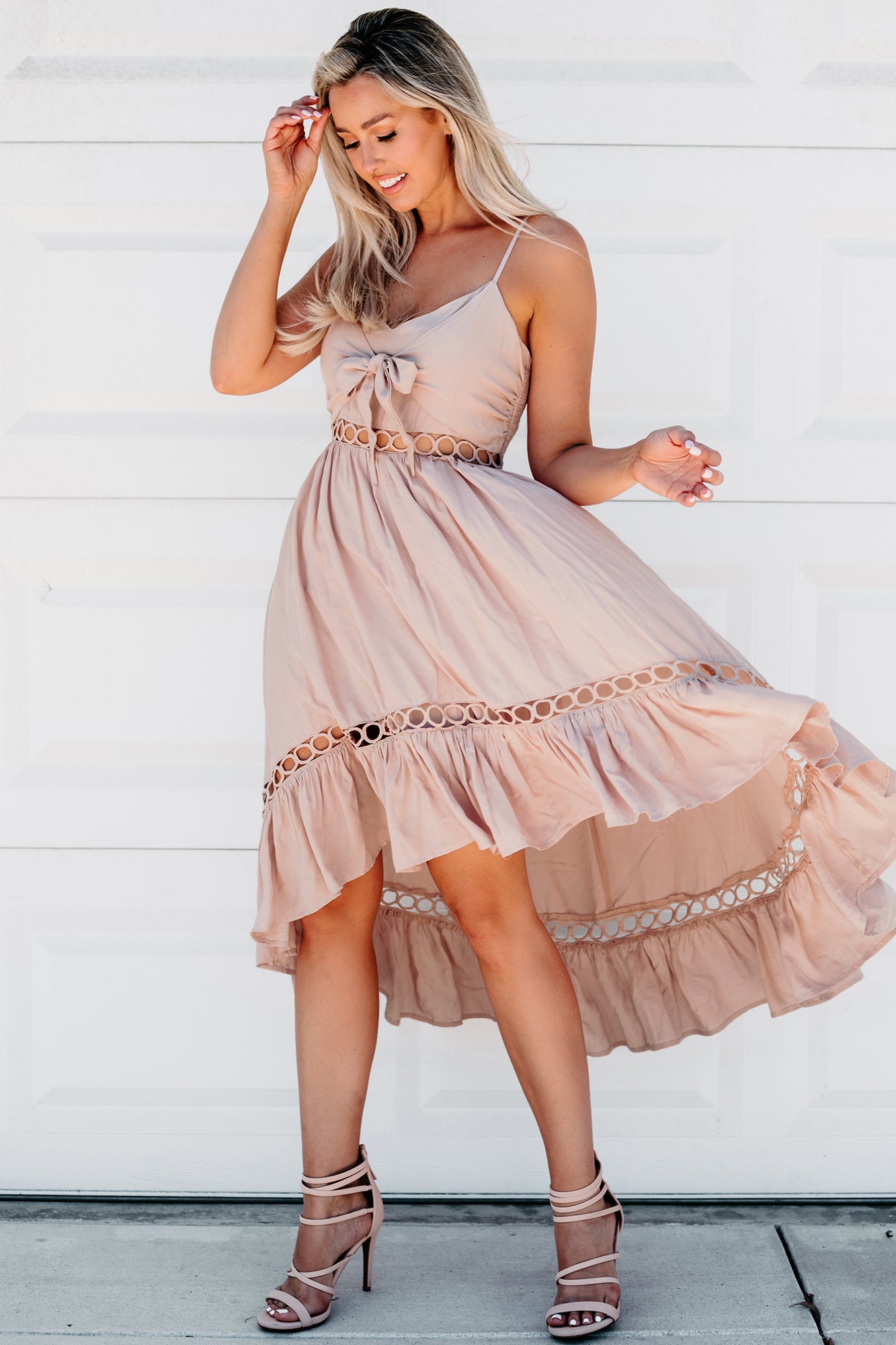 Opposites Attract Crochet Cut-Out High Low Dress (Taupe)-The Formal Wear