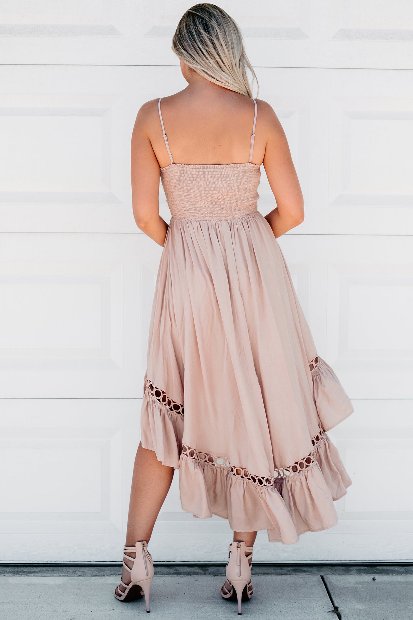 Opposites Attract Crochet Cut-Out High Low Dress (Taupe)-The Formal Wear