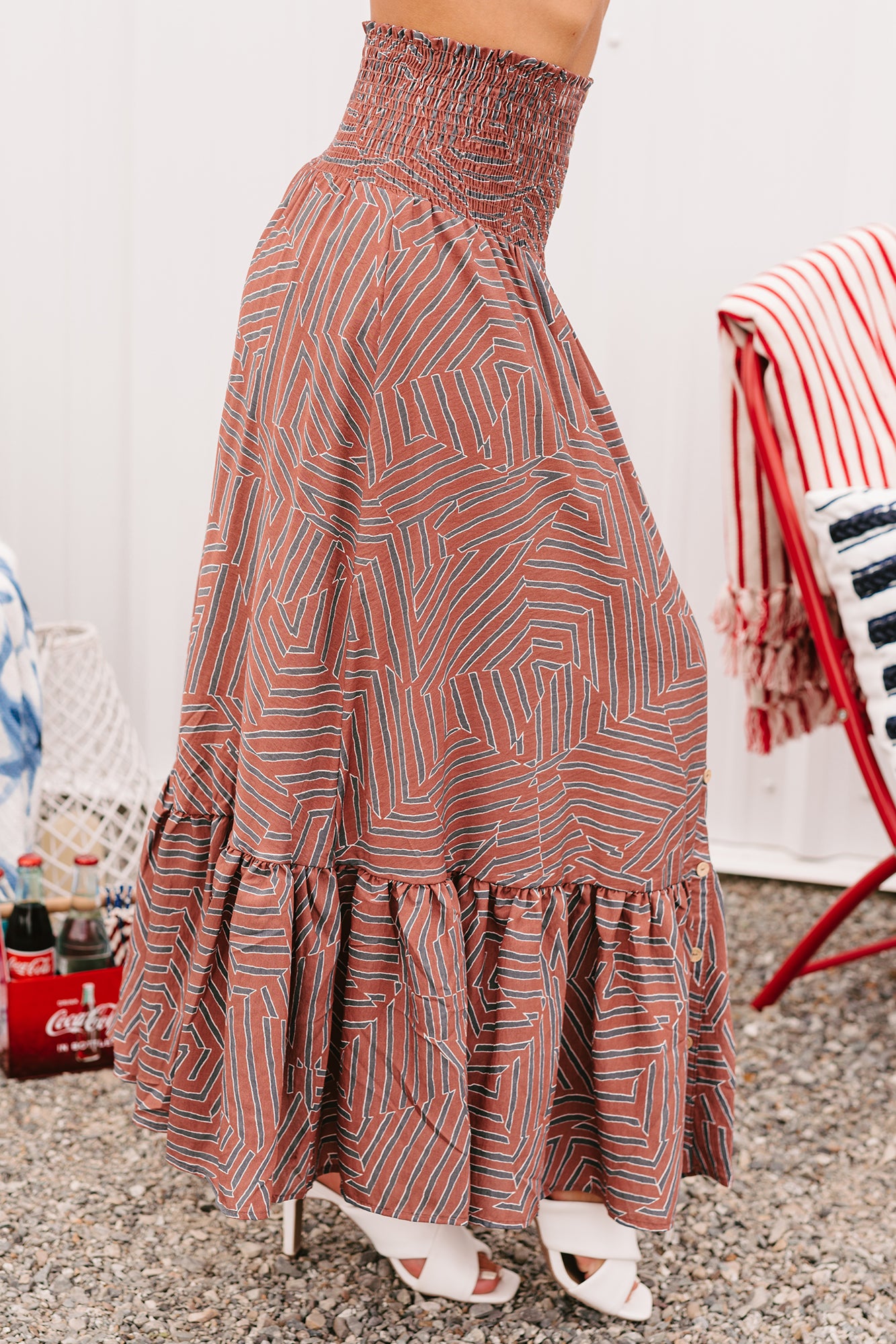 Arizona Skies Geometric Print Convertible Skirt (Brown/Navy)-The Formal Wear