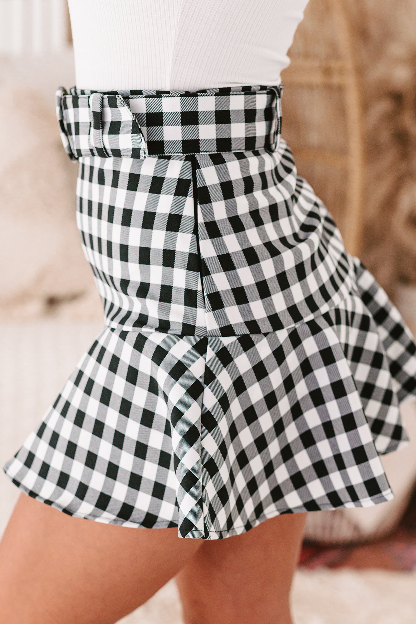 Country Club Connections Belted Gingham Print Skort (Black)-The Formal Wear