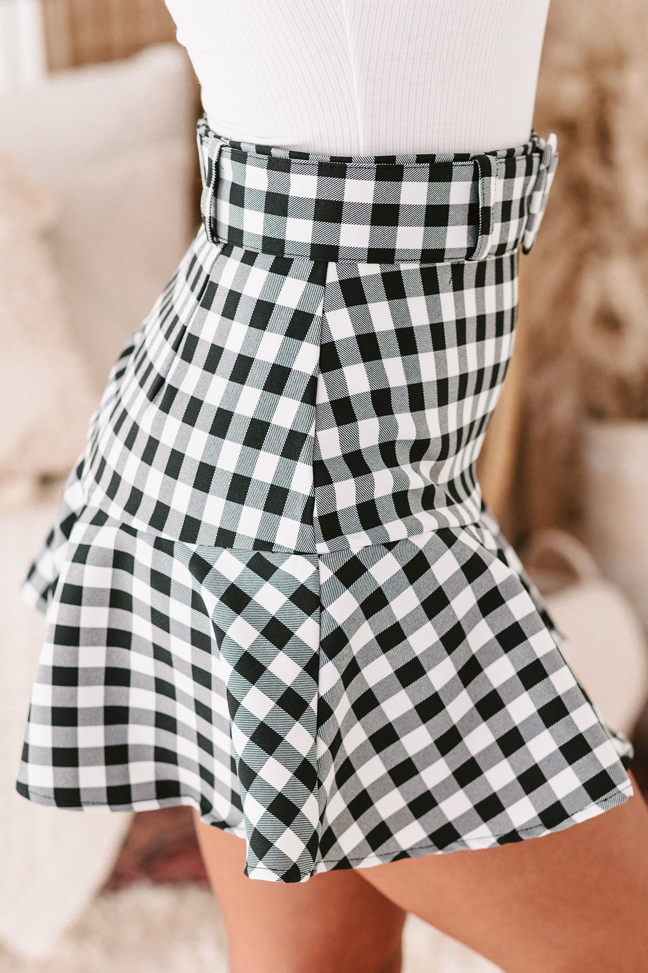 Country Club Connections Belted Gingham Print Skort (Black)-The Formal Wear