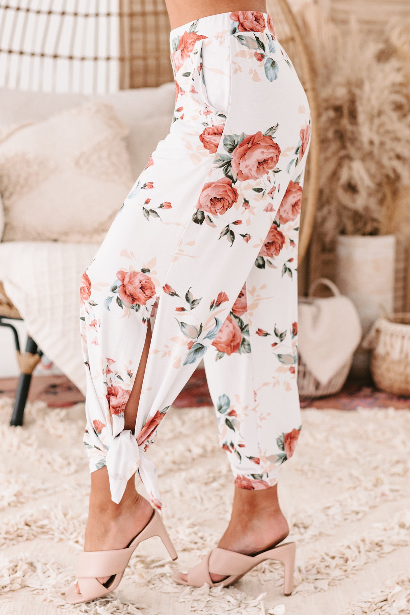 Cabana Casual Floral Print Tie Ankle Pants (Ivory)-The Formal Wear