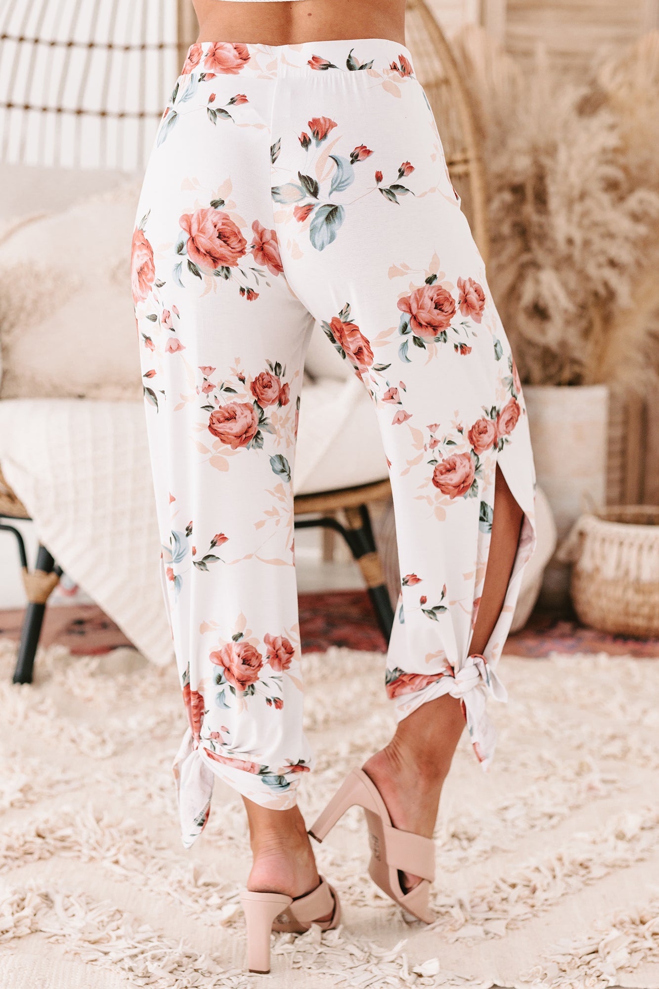 Cabana Casual Floral Print Tie Ankle Pants (Ivory)-The Formal Wear