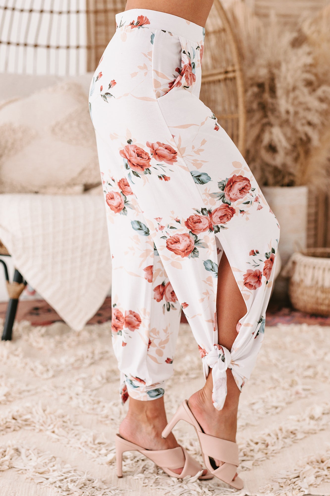 Cabana Casual Floral Print Tie Ankle Pants (Ivory)-The Formal Wear