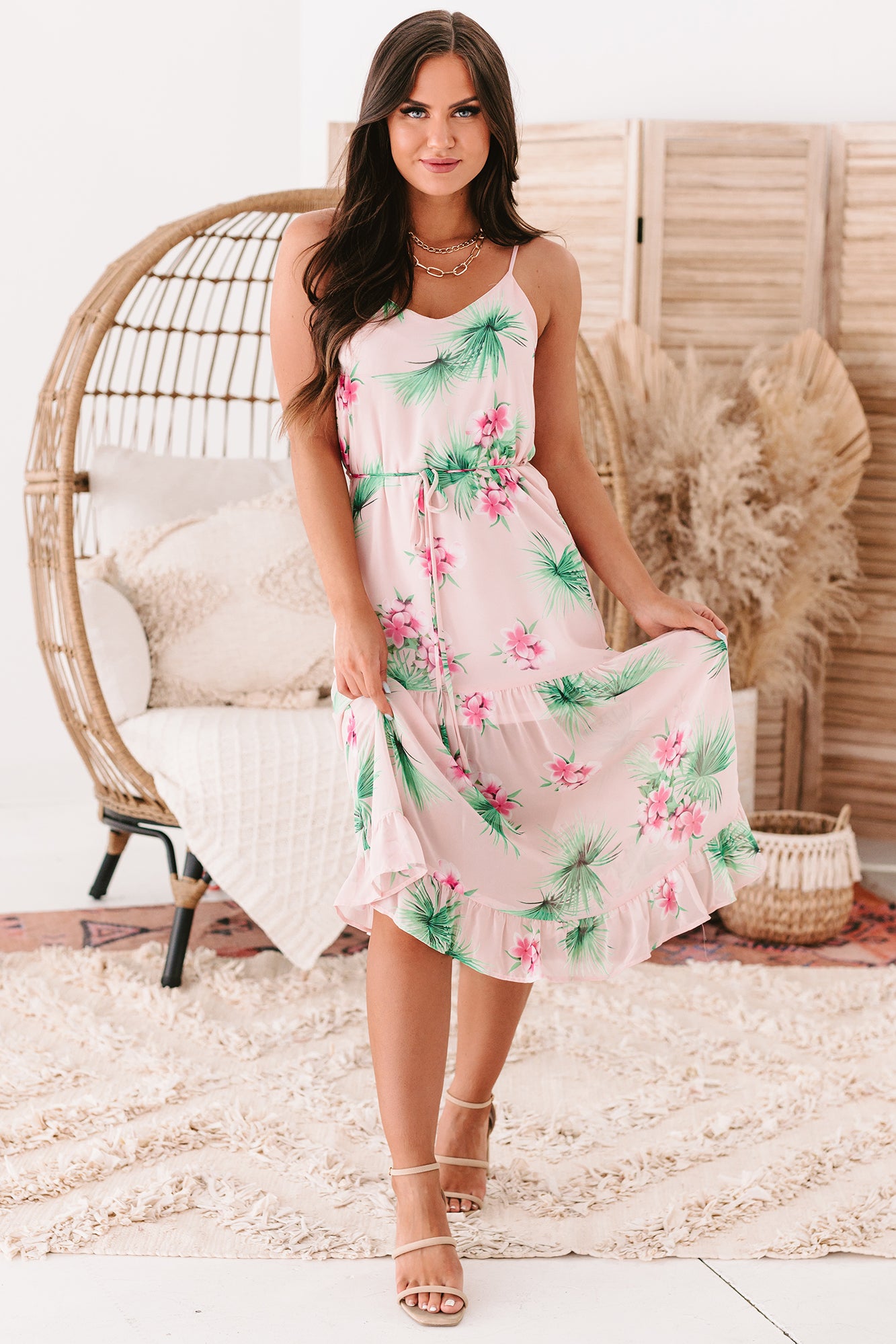 Bali Babe Tropical Print Midi Dress (Blush)-The Formal Wear