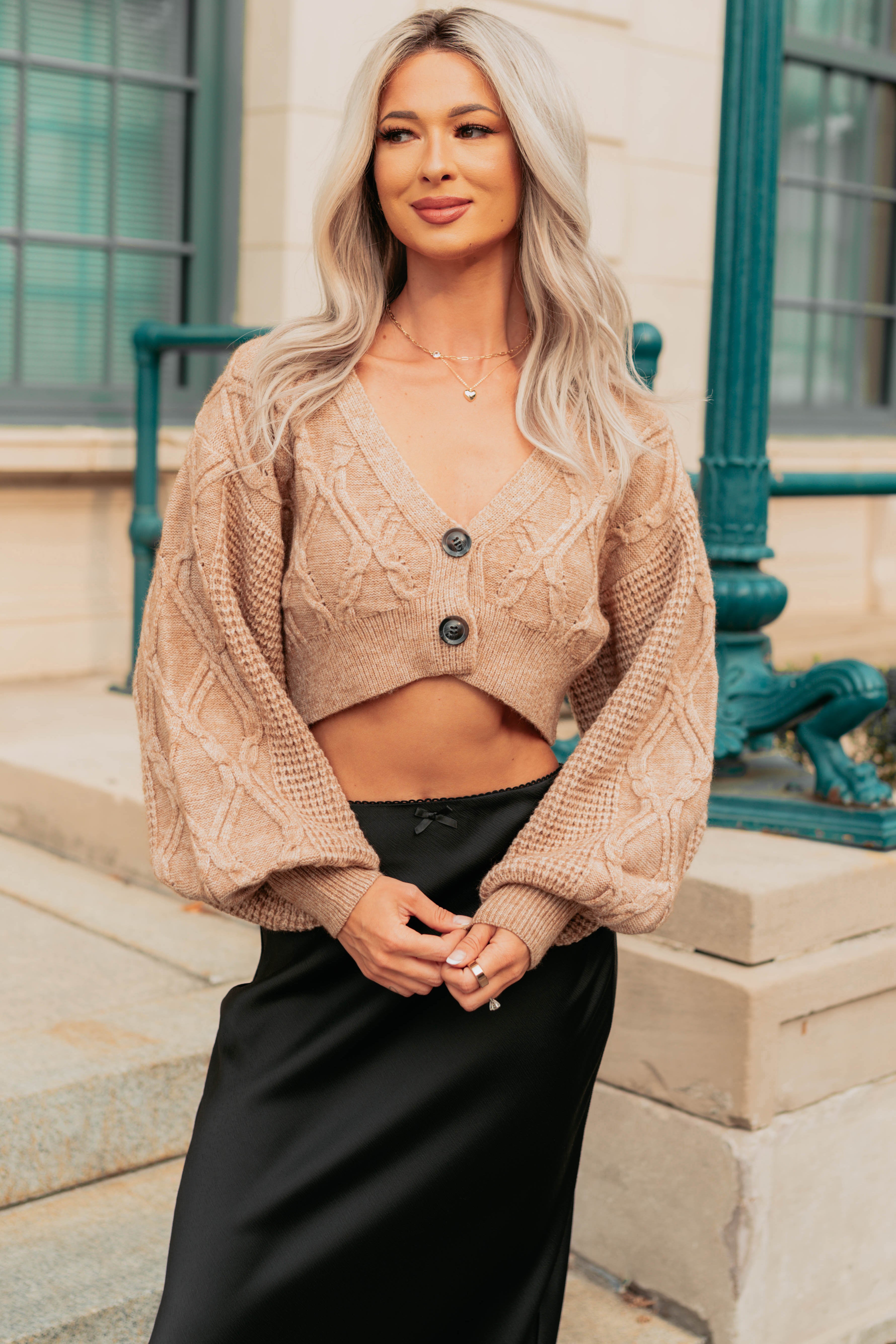 True Escapism Cropped Cable Knit Cardigan (Taupe)-The Formal Wear