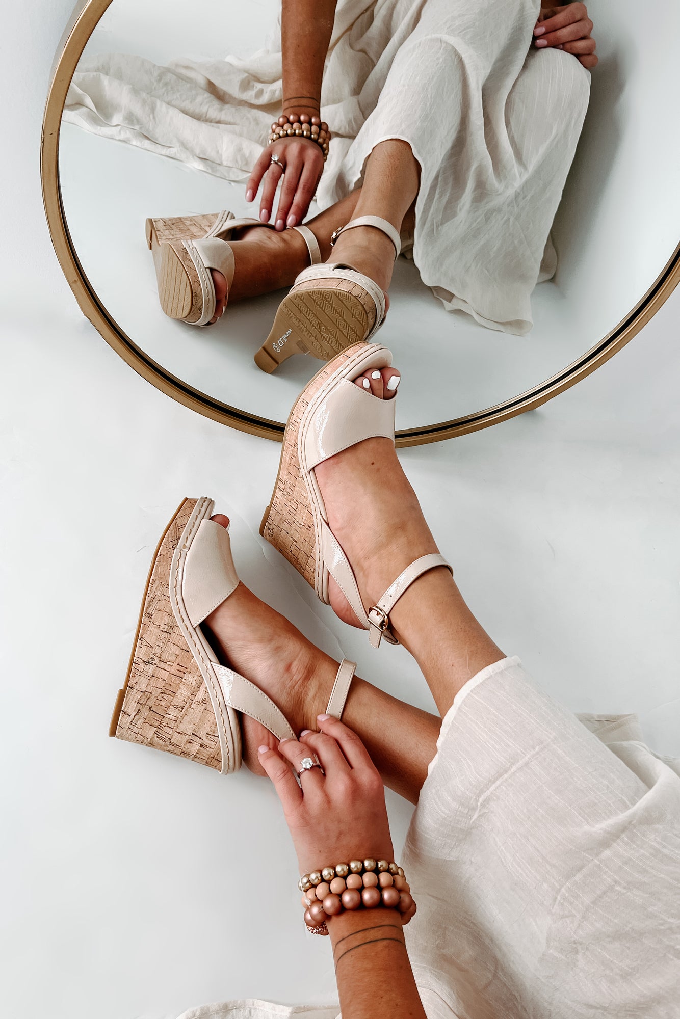 Finding Favor Peep Toe Cork Wedge Heels (Nude)-The Formal Wear