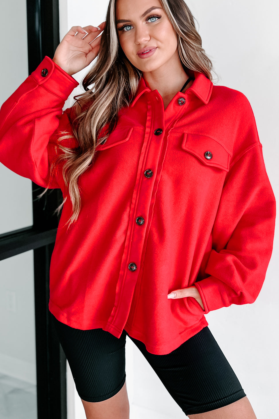 Simple Statements Button-Front Shacket (Red)-The Formal Wear