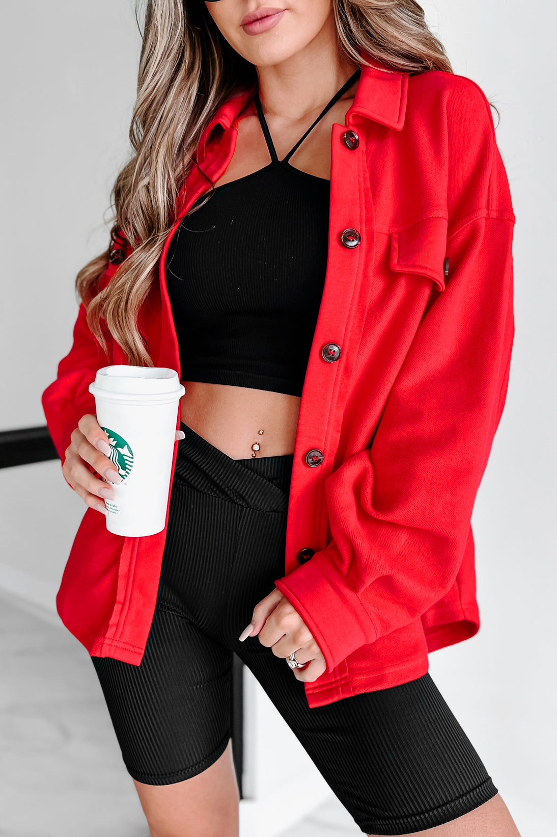 Simple Statements Button-Front Shacket (Red)-The Formal Wear