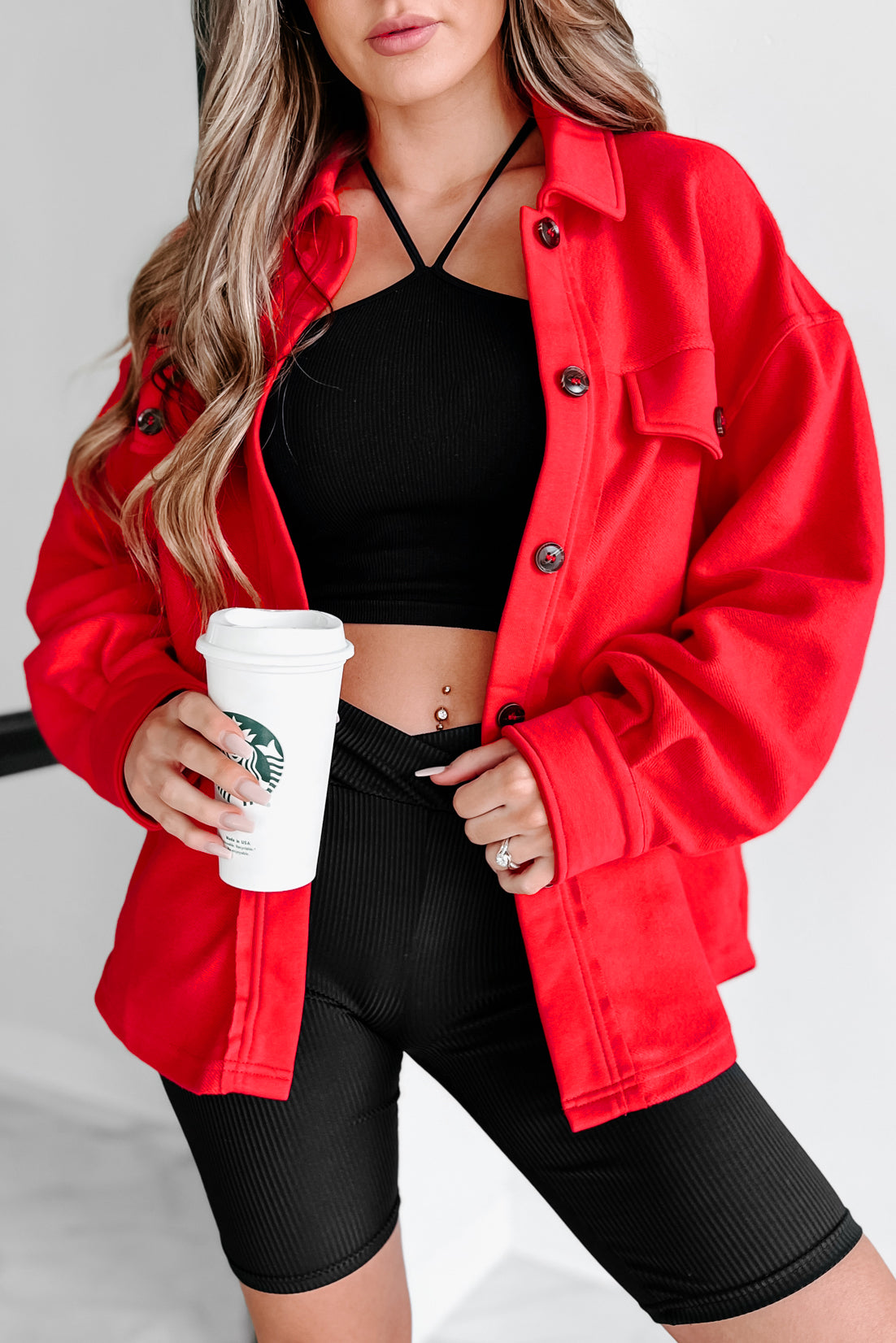 Simple Statements Button-Front Shacket (Red)-The Formal Wear